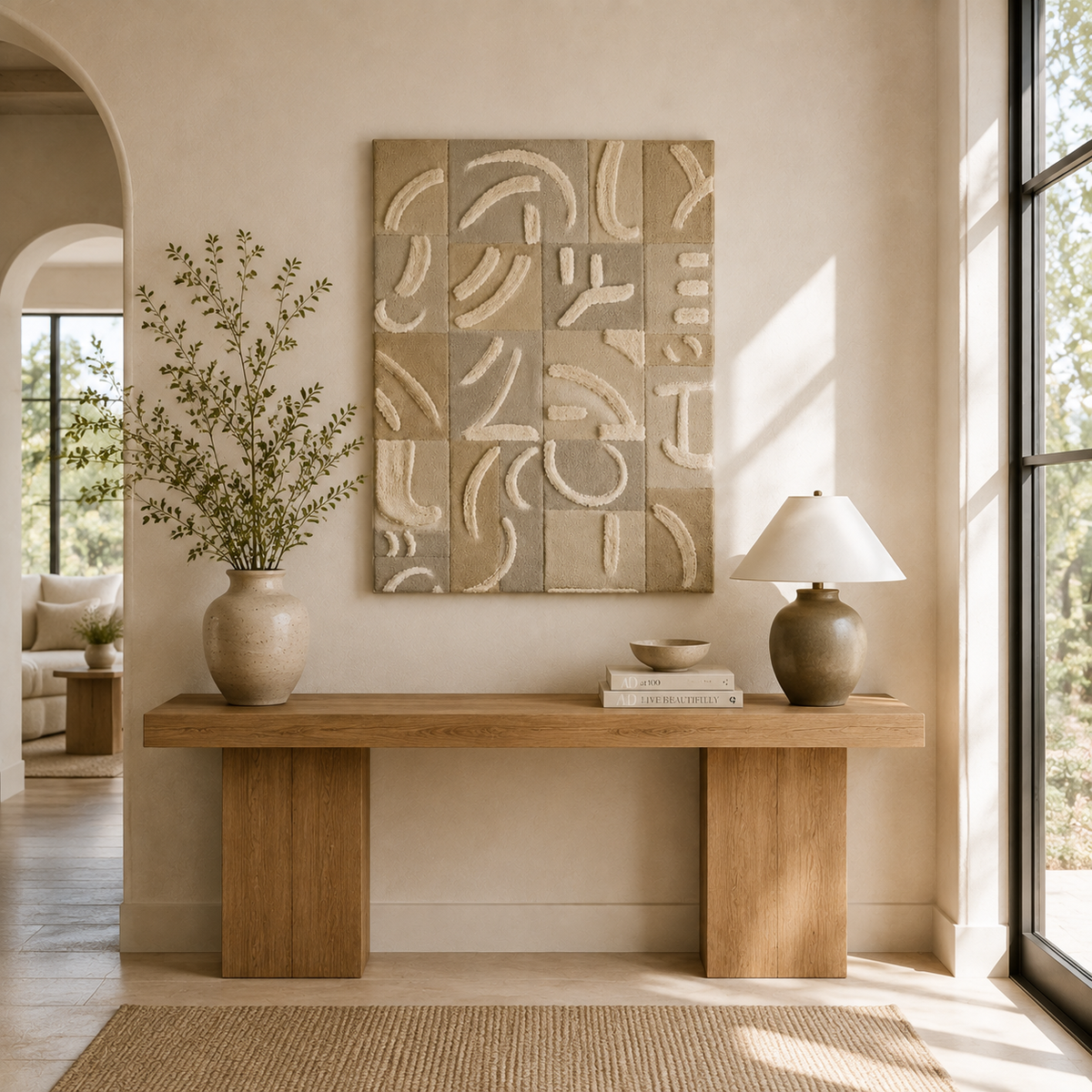 Hewn Earth Whispered Glyphs HE-0278 wall art featuring abstract glyph designs on a neutral background.