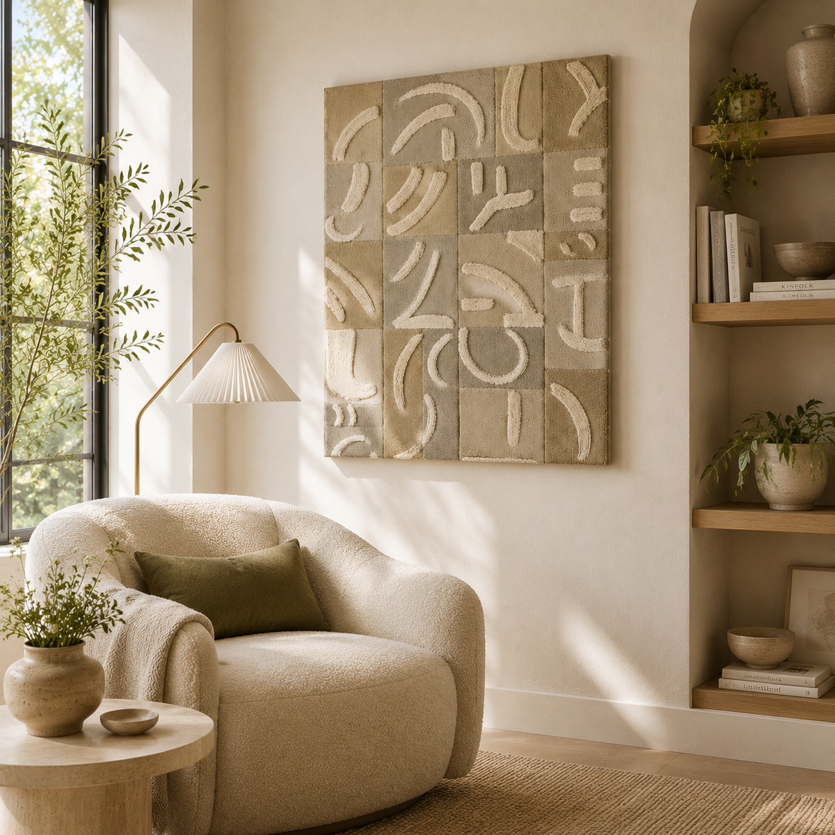 Hewn Earth Whispered Glyphs wall art featuring abstract geometric designs in muted tones on a plain background.