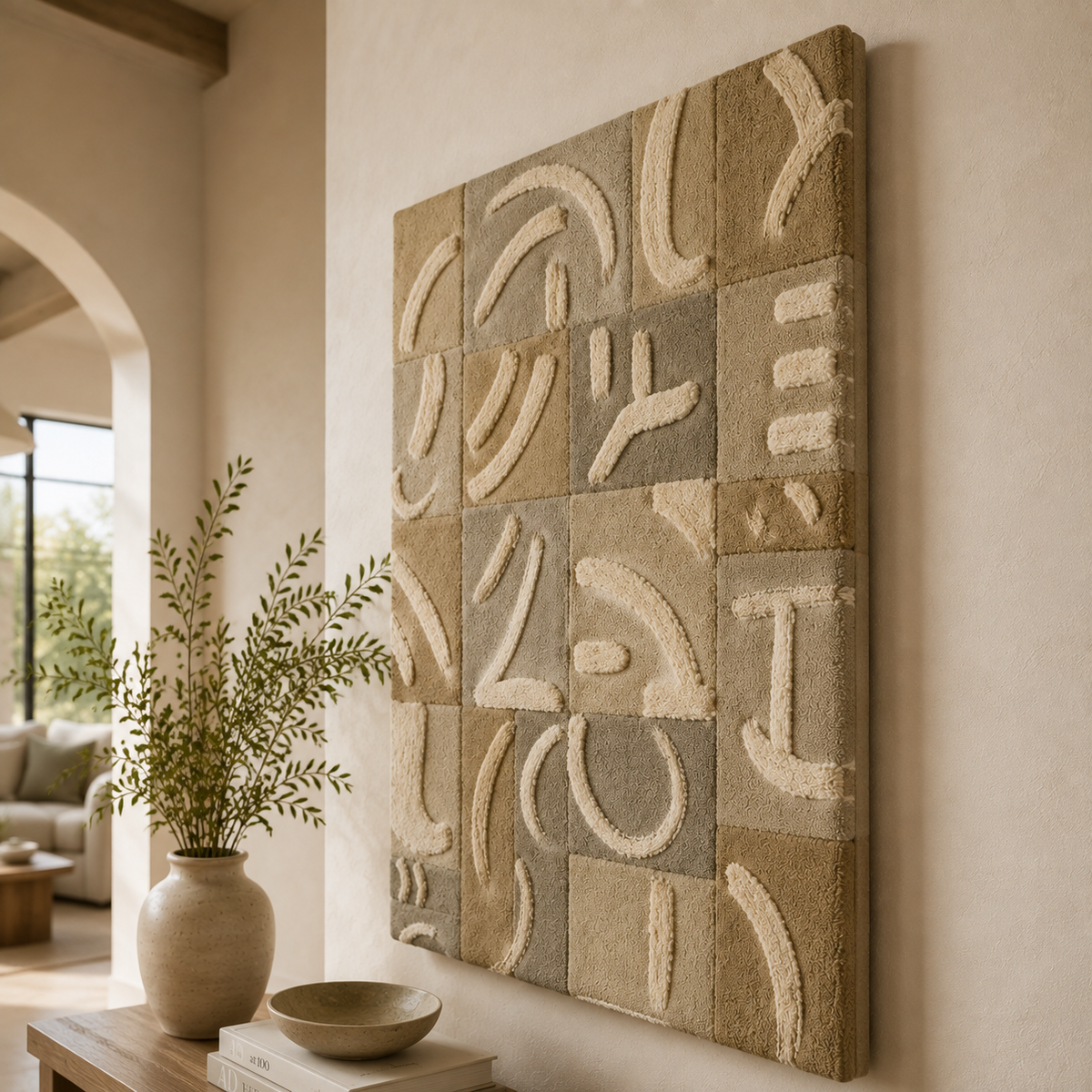 Hewn Earth Whispered Glyphs HE-0278 wall art featuring abstract glyph designs on a neutral background