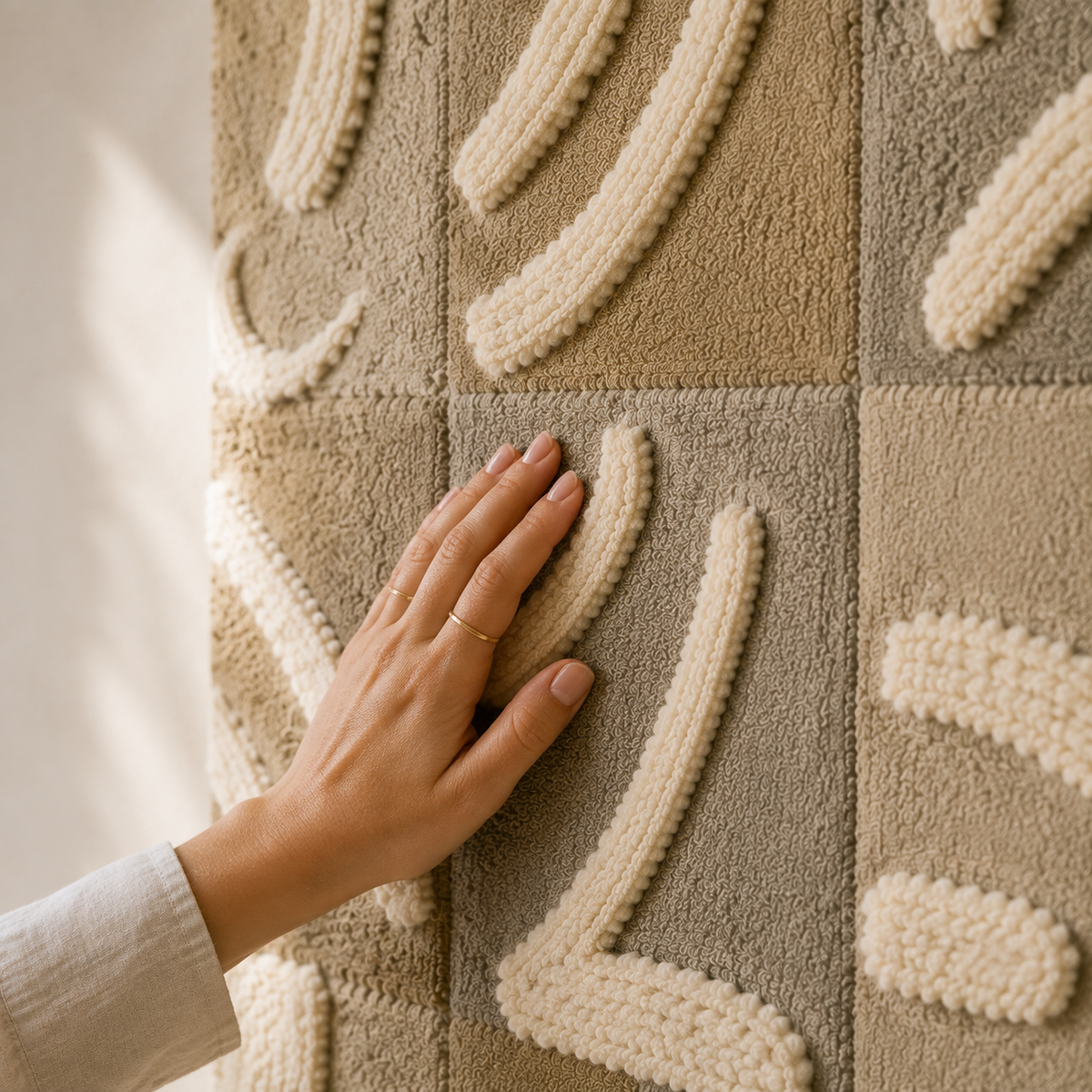 Hewn Earth Whispered Glyphs HE-0278 wall art featuring intricate abstract glyph designs on a neutral background.
