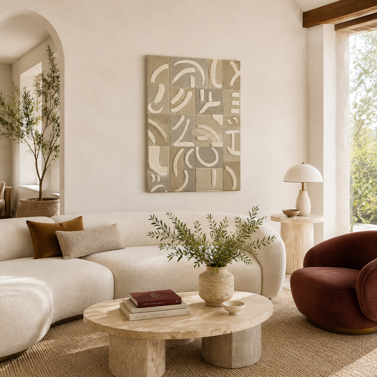 Hewn Earth Whispered Glyphs HE-0278 wall art featuring intricate carved glyph patterns on a textured surface.