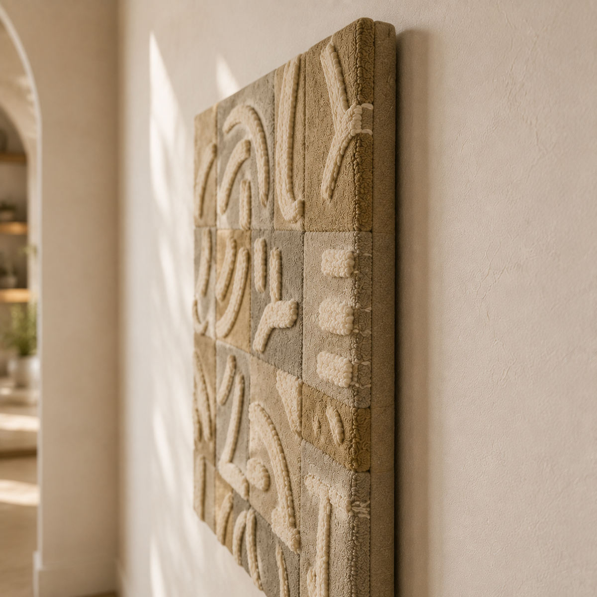 Hewn Earth Whispered Glyphs HE-0278 wall art featuring abstract glyph designs in neutral tones on a white background.