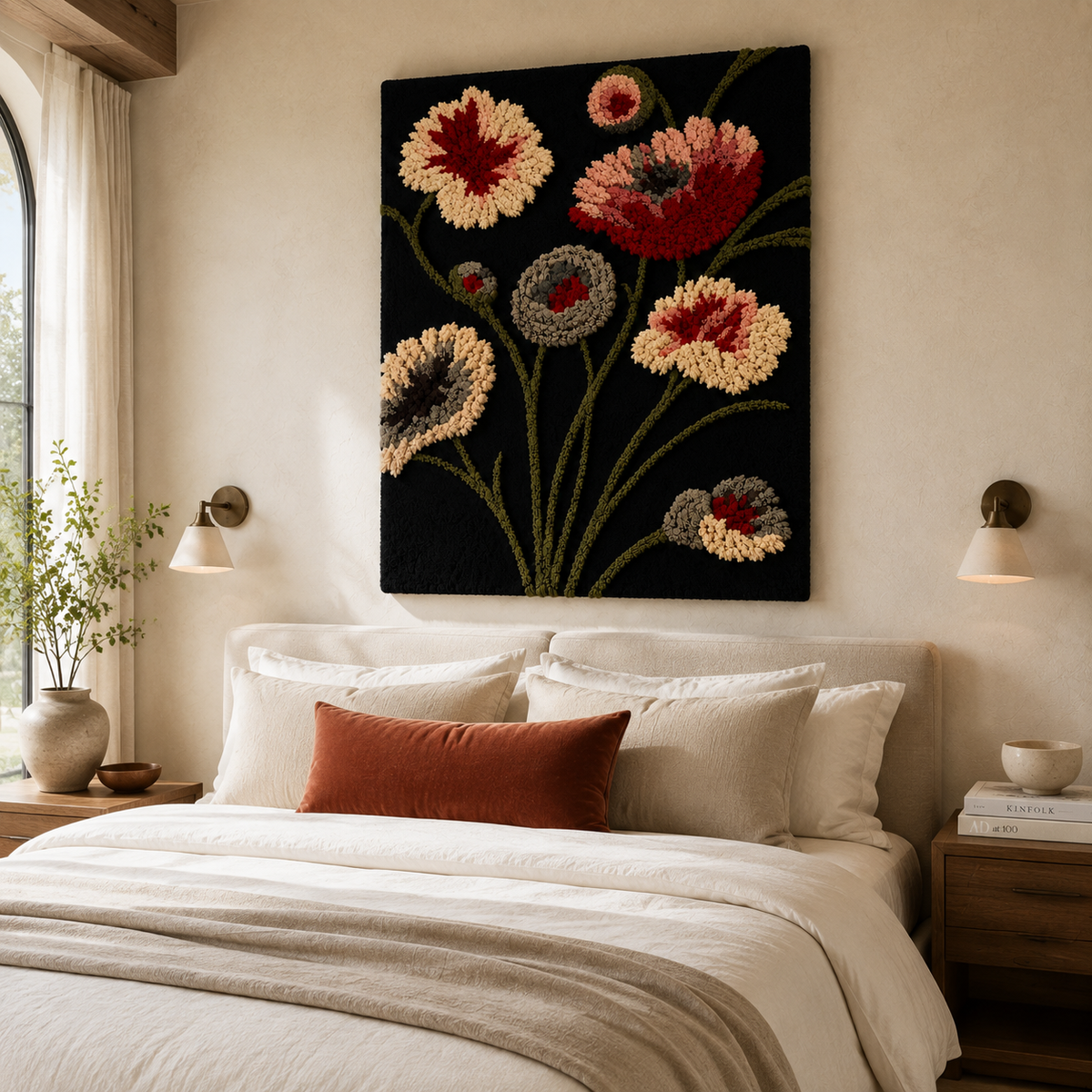 Hewn Earth Night Garden wall art featuring a vibrant, nature-inspired design with lush greenery and colorful flowers.