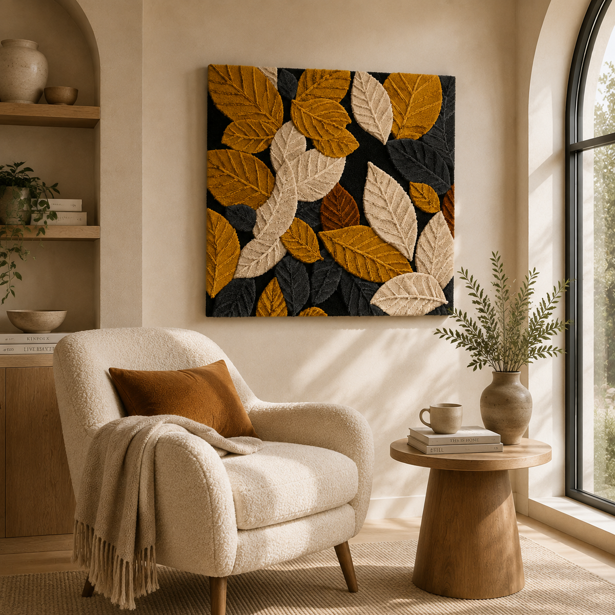 Wall art featuring a Ginkgo Night design by Hewn Earth, with detailed leaf patterns and a serene, nature-inspired aesthetic.