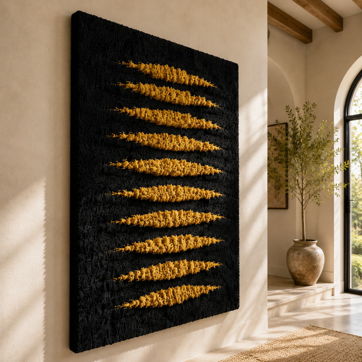 Hewn Earth Golden Horizon wall art featuring a vibrant sunset scene with warm gold and orange tones on a textured canvas.
