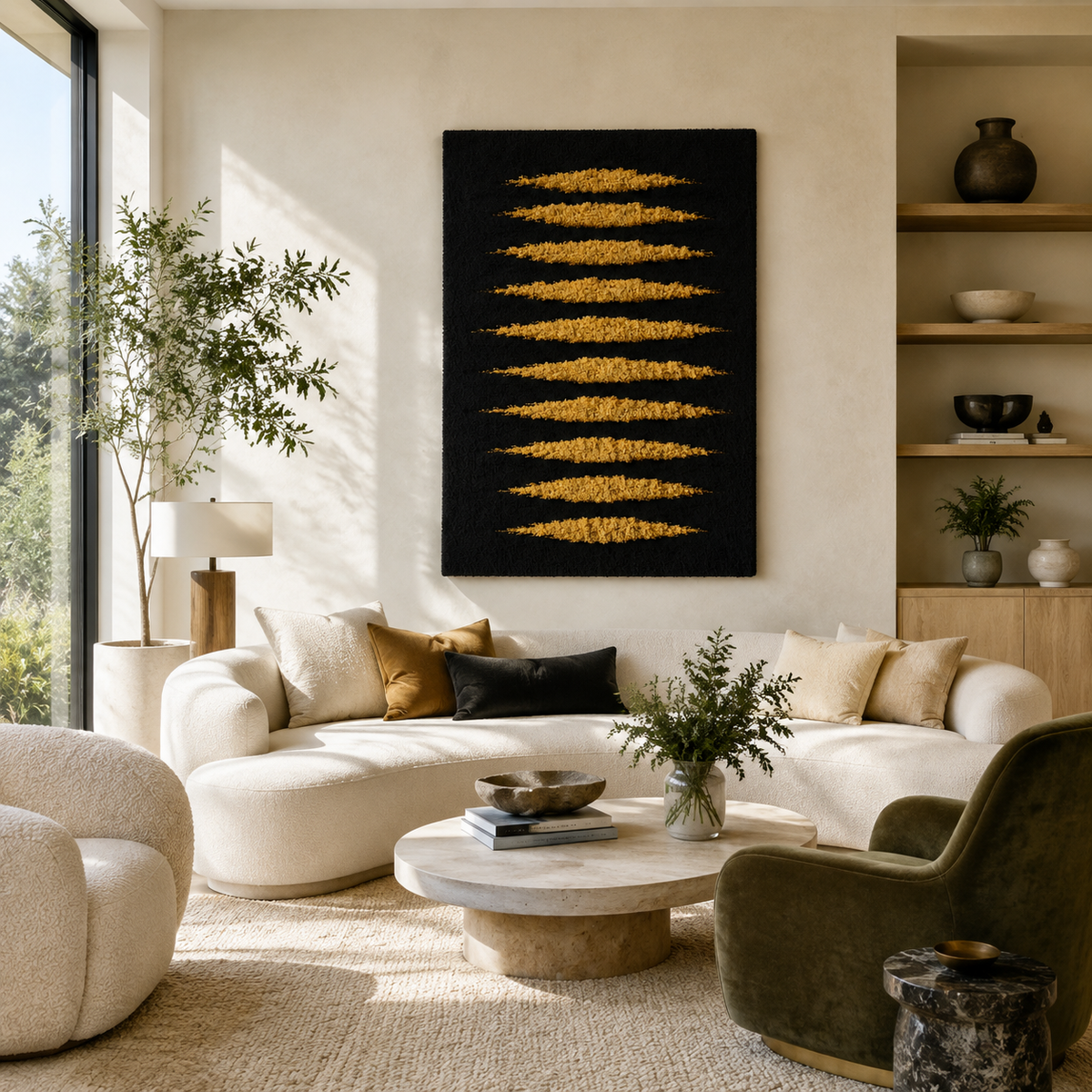 Hewn Earth Golden Horizon wall art featuring a warm, abstract sunset scene in shades of gold and orange for modern home decor