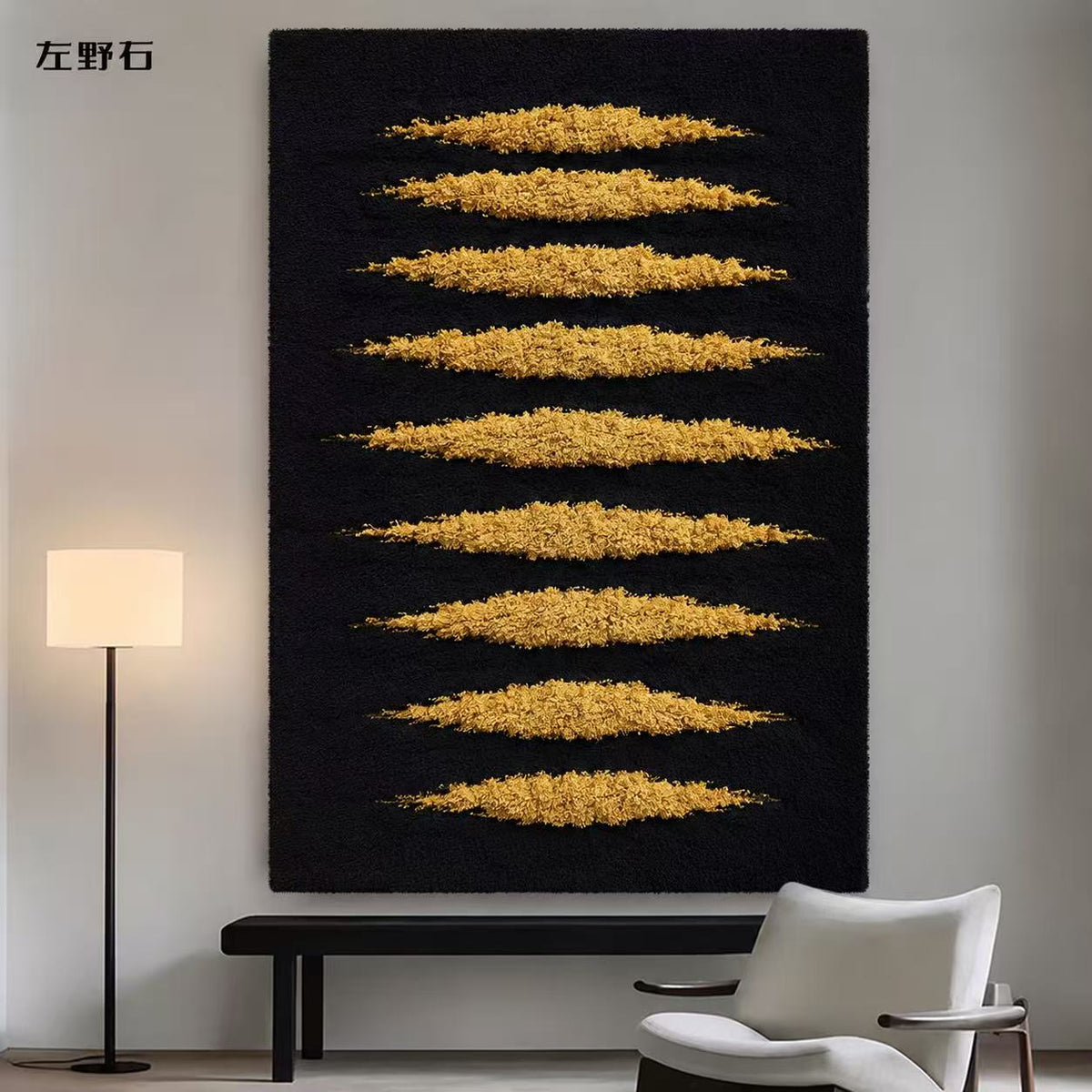 Hewn Earth Golden Horizon wall art featuring warm gold and earthy tones, abstract landscape design for modern home decor.