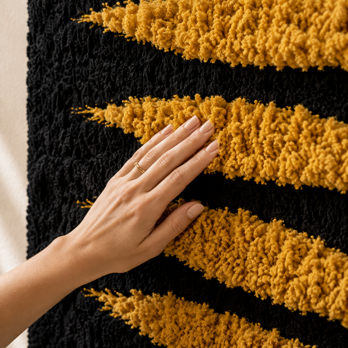 Hewn Earth Golden Horizon wall art featuring a vibrant sunset scene with warm gold and orange tones on a textured canvas.