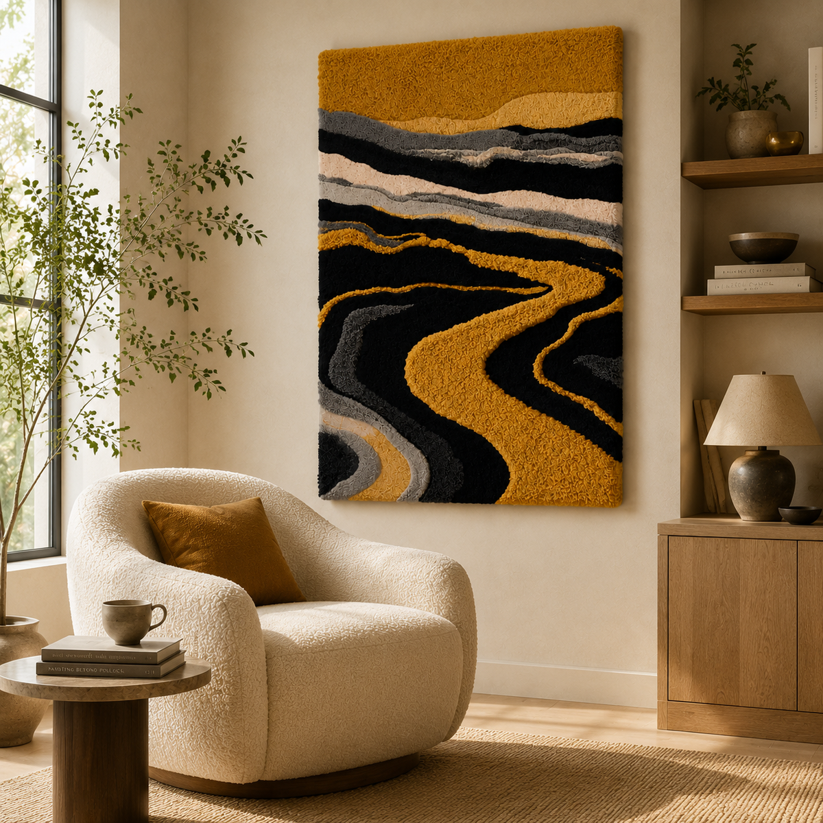 Hewn Earth River of Gold wall art, abstract gold-toned canvas featuring flowing river design, modern home decor piece