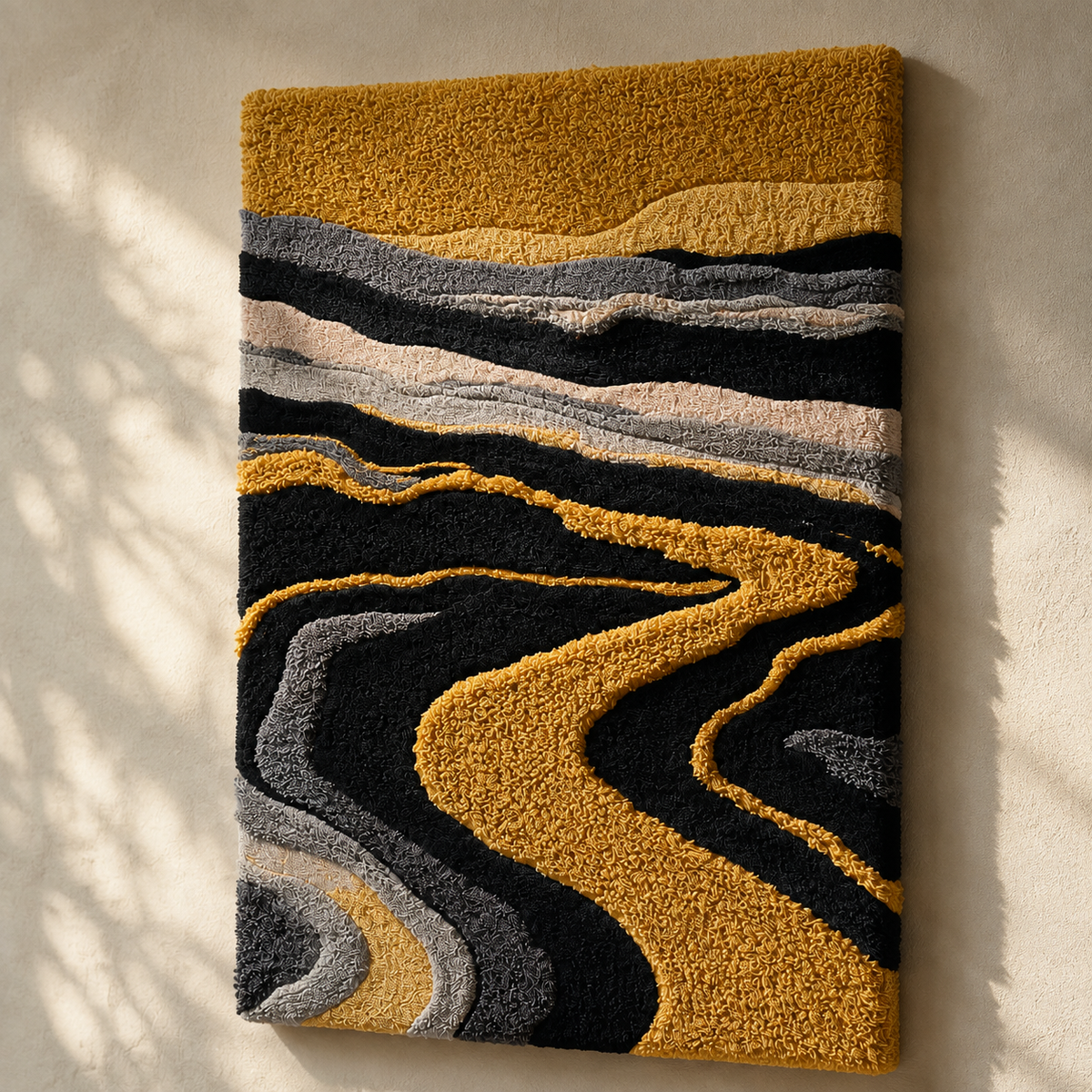 Hewn Earth River of Gold wall art, abstract metal wall decor with flowing gold finish on textured background.