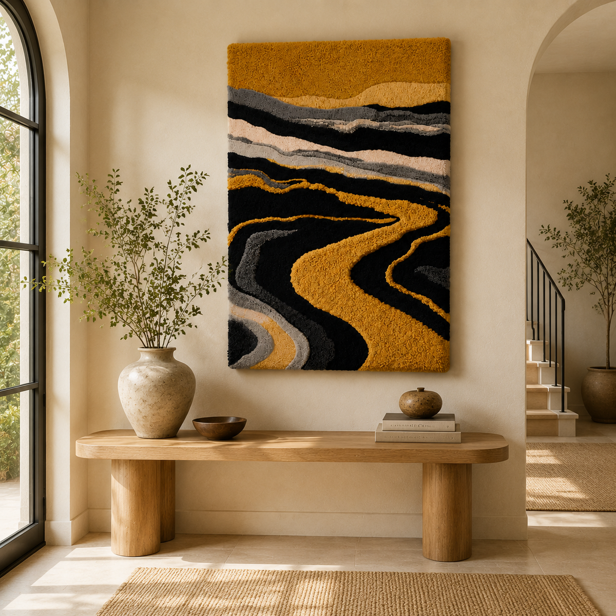 Hewn Earth River of Gold wall art featuring abstract gold river design on a textured background.