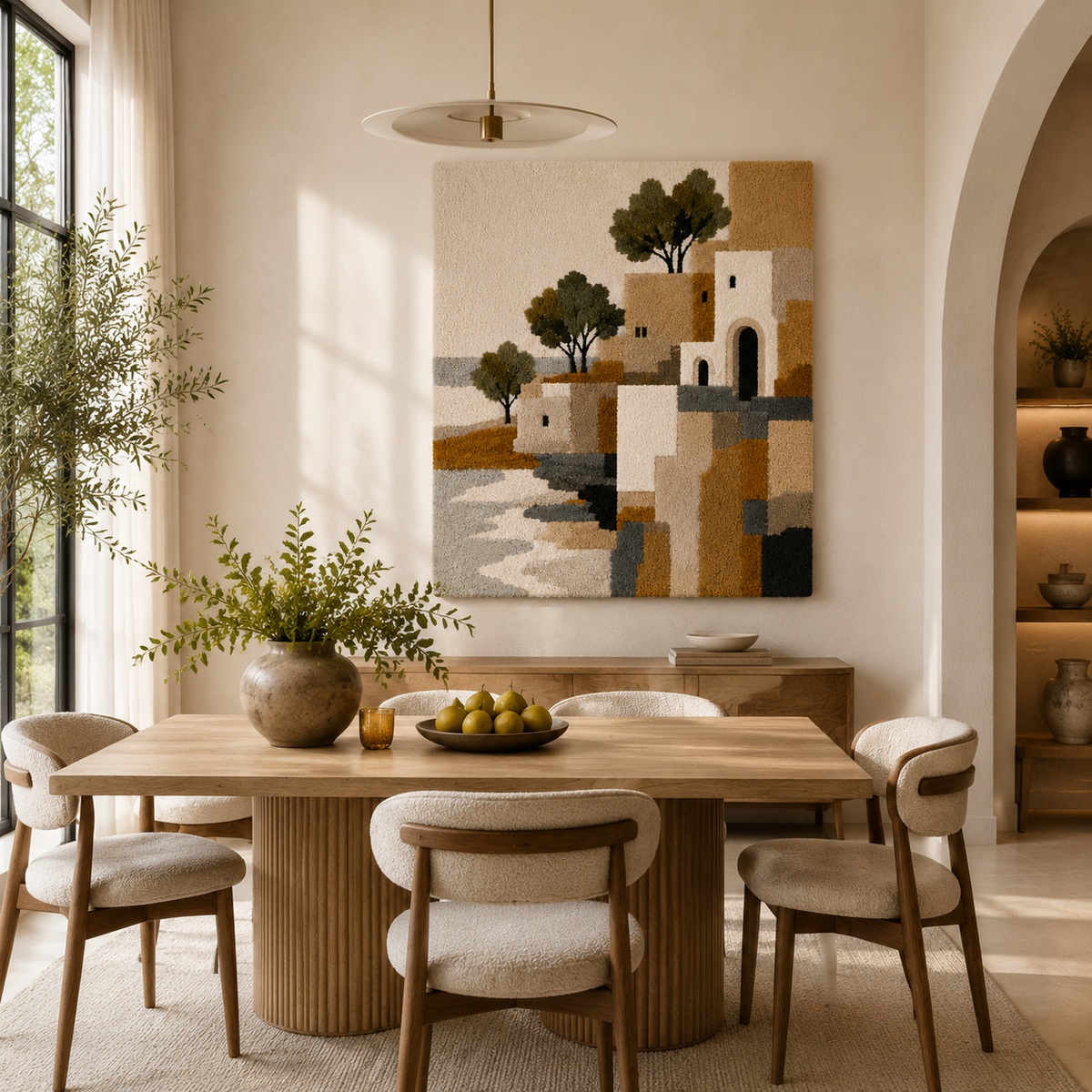 Mediterranean Village wall art by Hewn Earth, featuring scenic landscape and colorful buildings, ideal for home decor.