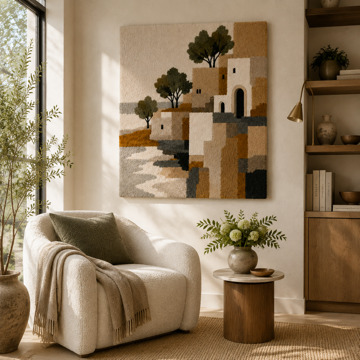 Mediterranean Village wall art by Hewn Earth, featuring a scenic depiction of a Mediterranean village with colorful buildings and lush landscape.