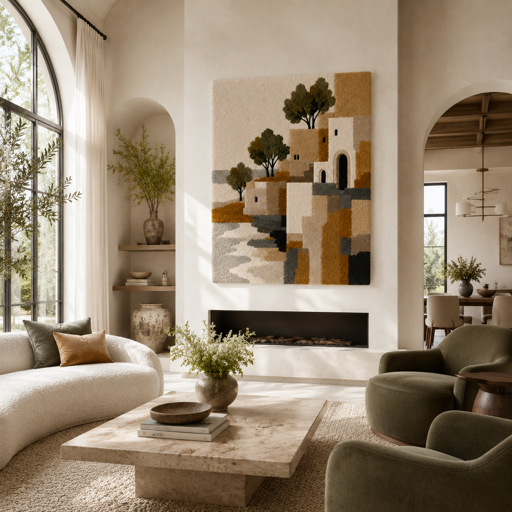 Mediterranean Village wall art by Hewn Earth features a scenic coastal village scene on a textured canvas.
