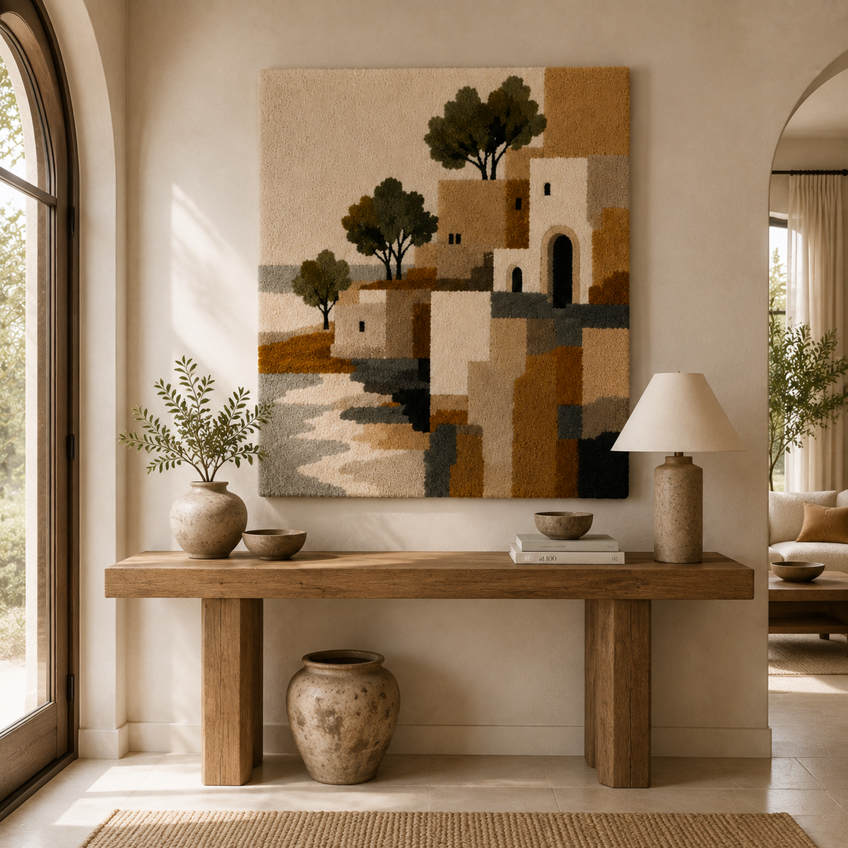 Mediterranean Village wall art by Hewn Earth featuring a scenic coastal village scene in vibrant colors.
