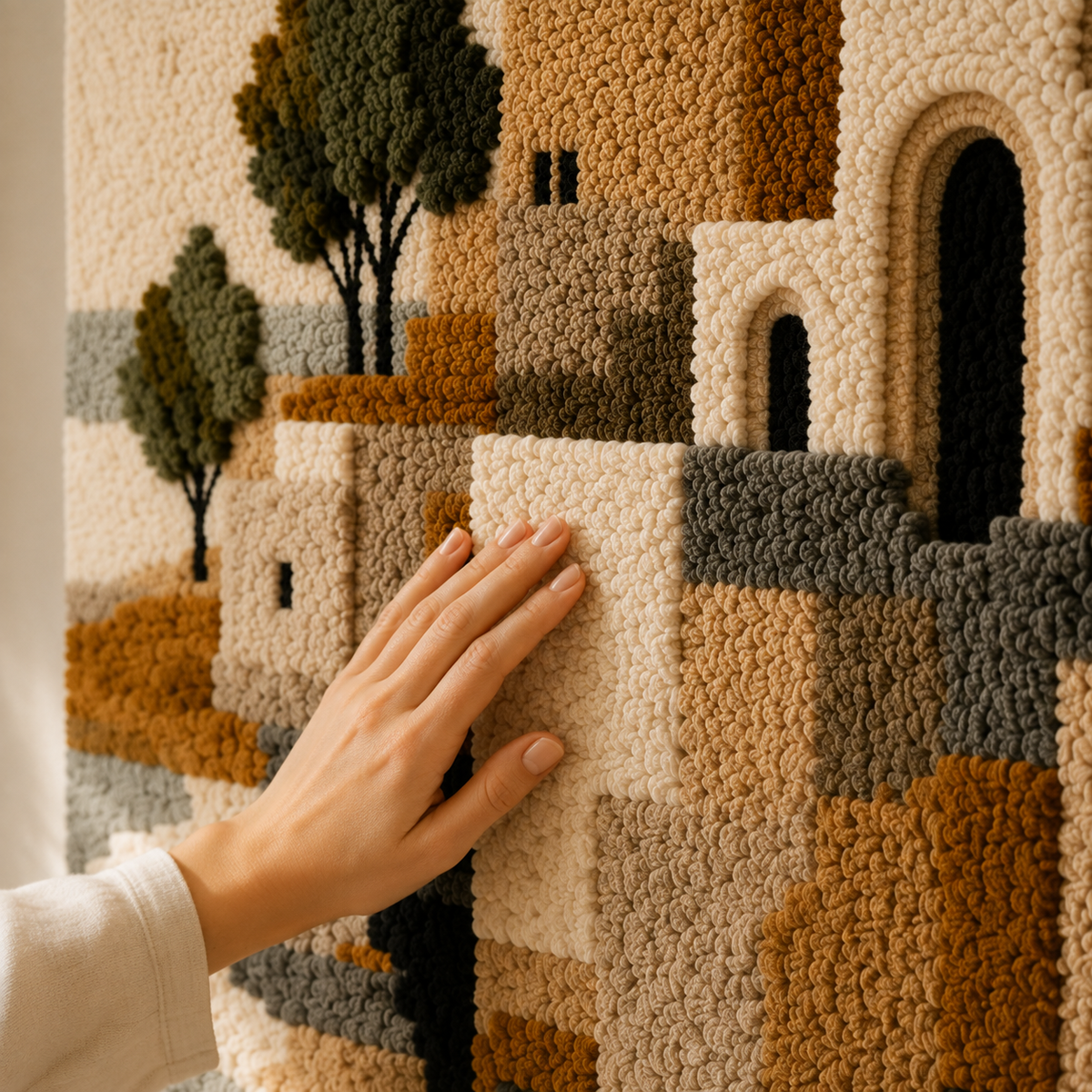 Mediterranean Village wall art by Hewn Earth, featuring a scenic landscape with colorful buildings and rustic architecture.