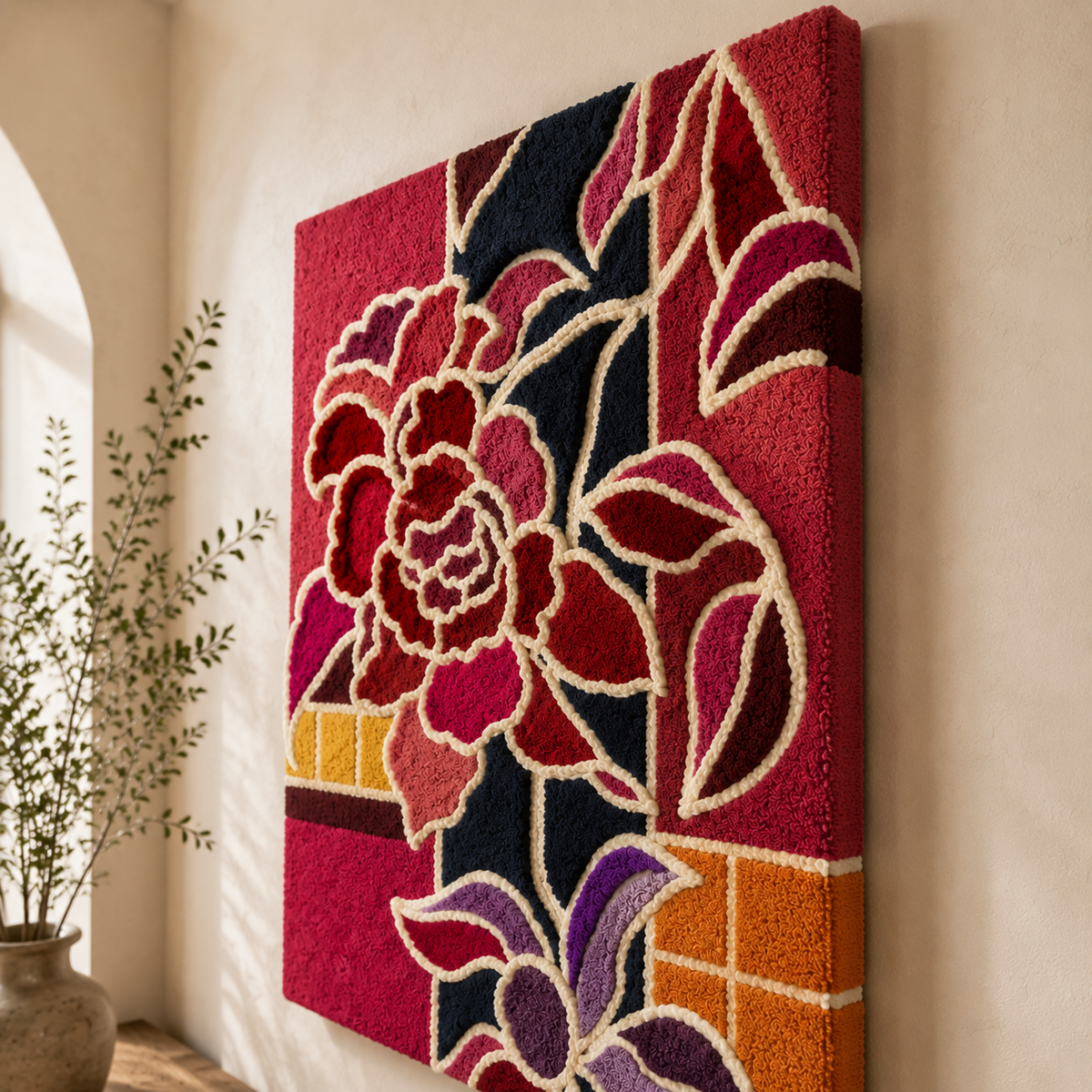 Crimson Camellia wall art by Hewn Earth featuring vibrant red floral illustration on a textured background.