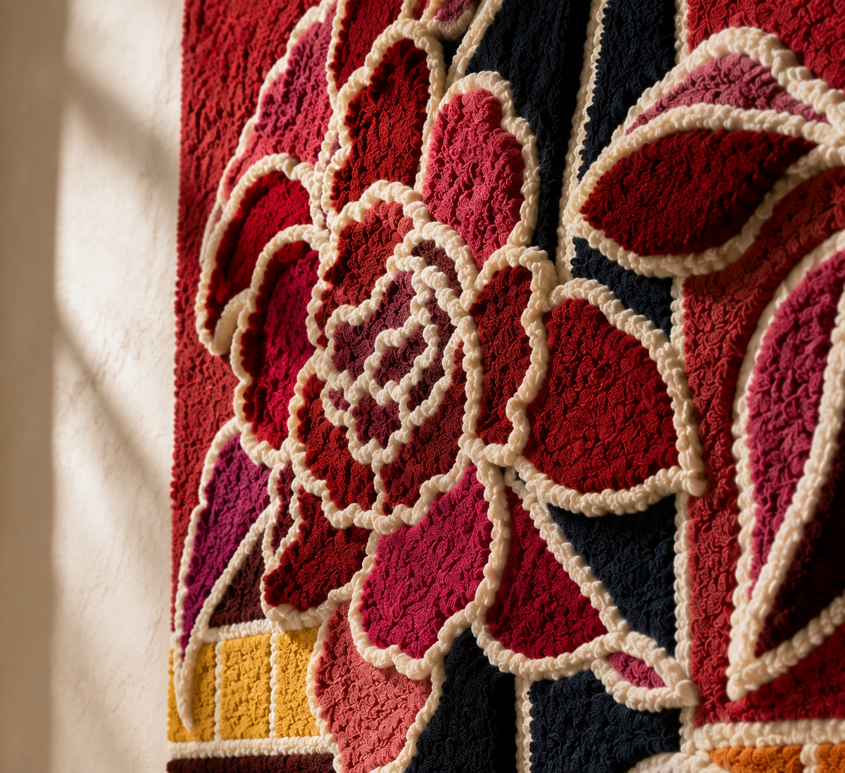 Crimson Camellia wall art by Hewn Earth showing a vibrant red floral design on a neutral background.