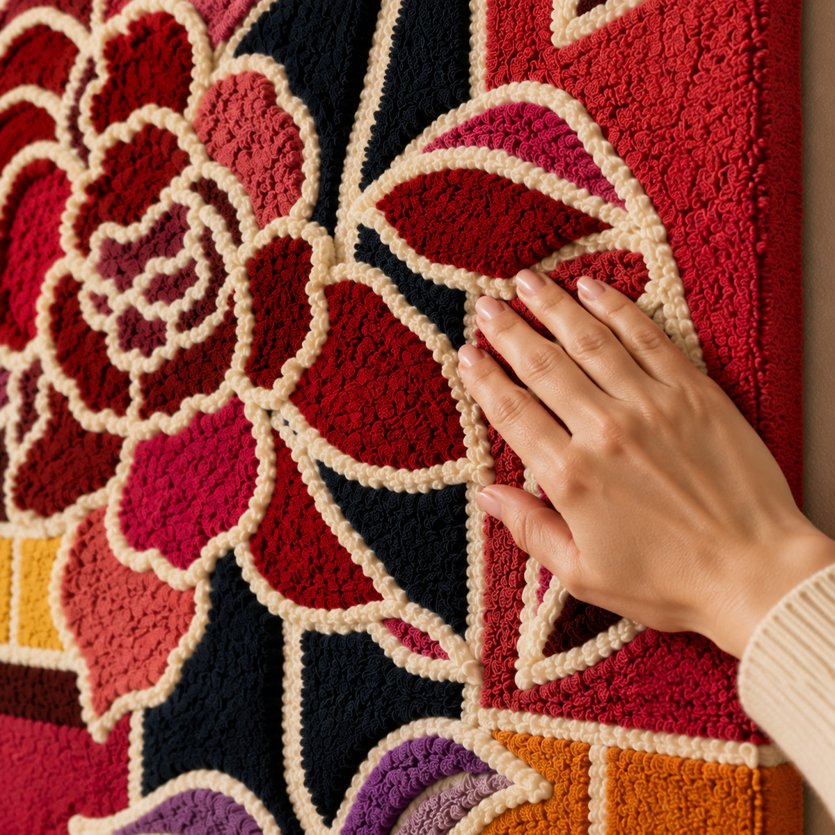 Crimson Camellia wall art by Hewn Earth, featuring vibrant red floral design on a textured background.