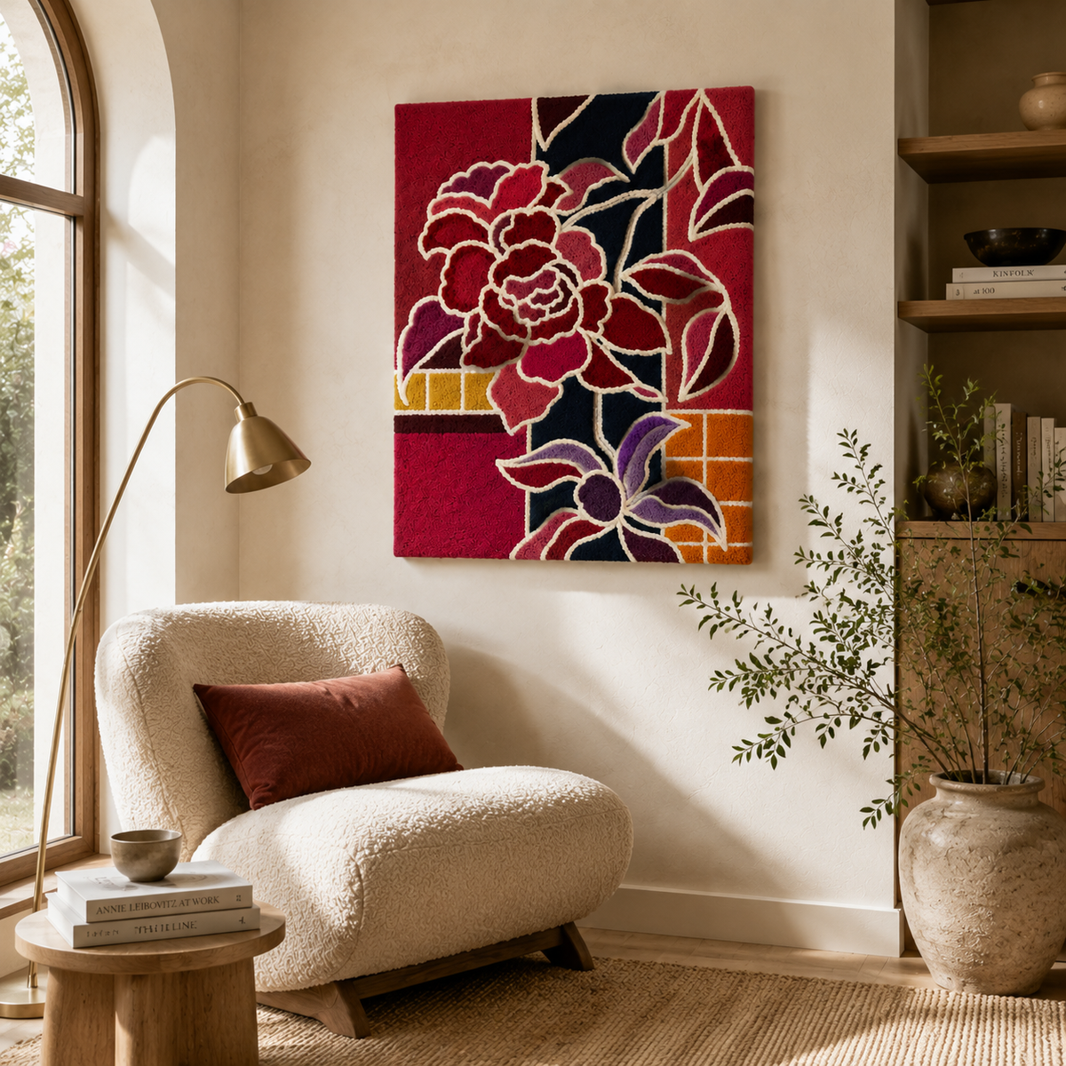 Crimson Camellia wall art by Hewn Earth featuring vibrant red floral illustration on textured background.