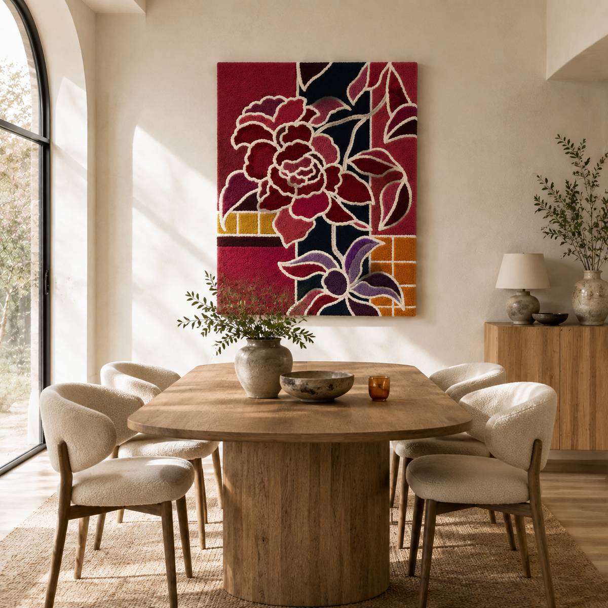 Crimson Camellia wall art by Hewn Earth featuring vibrant red floral design on textured background