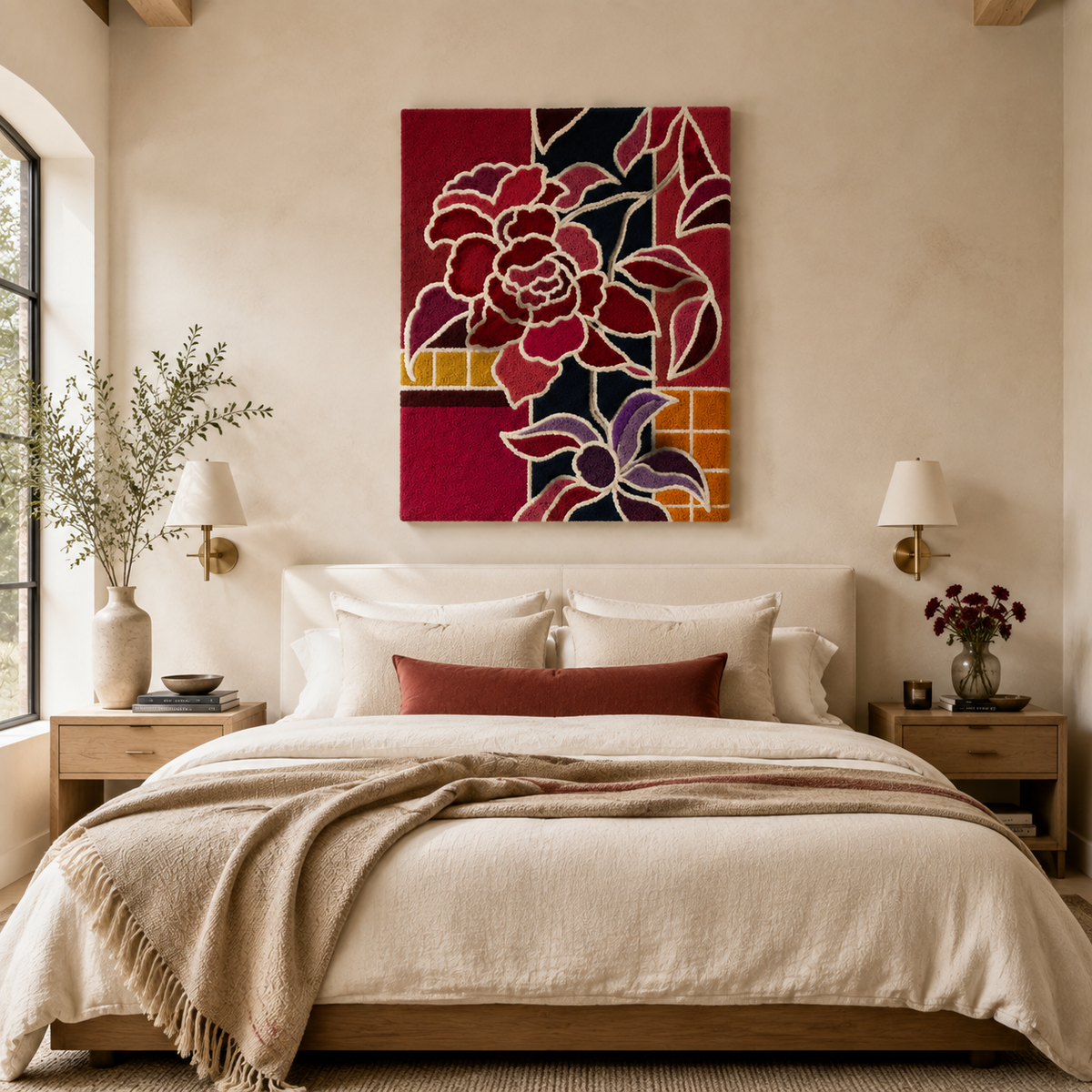 Crimson Camellia wall art by Hewn Earth featuring vibrant red floral design on a neutral background.