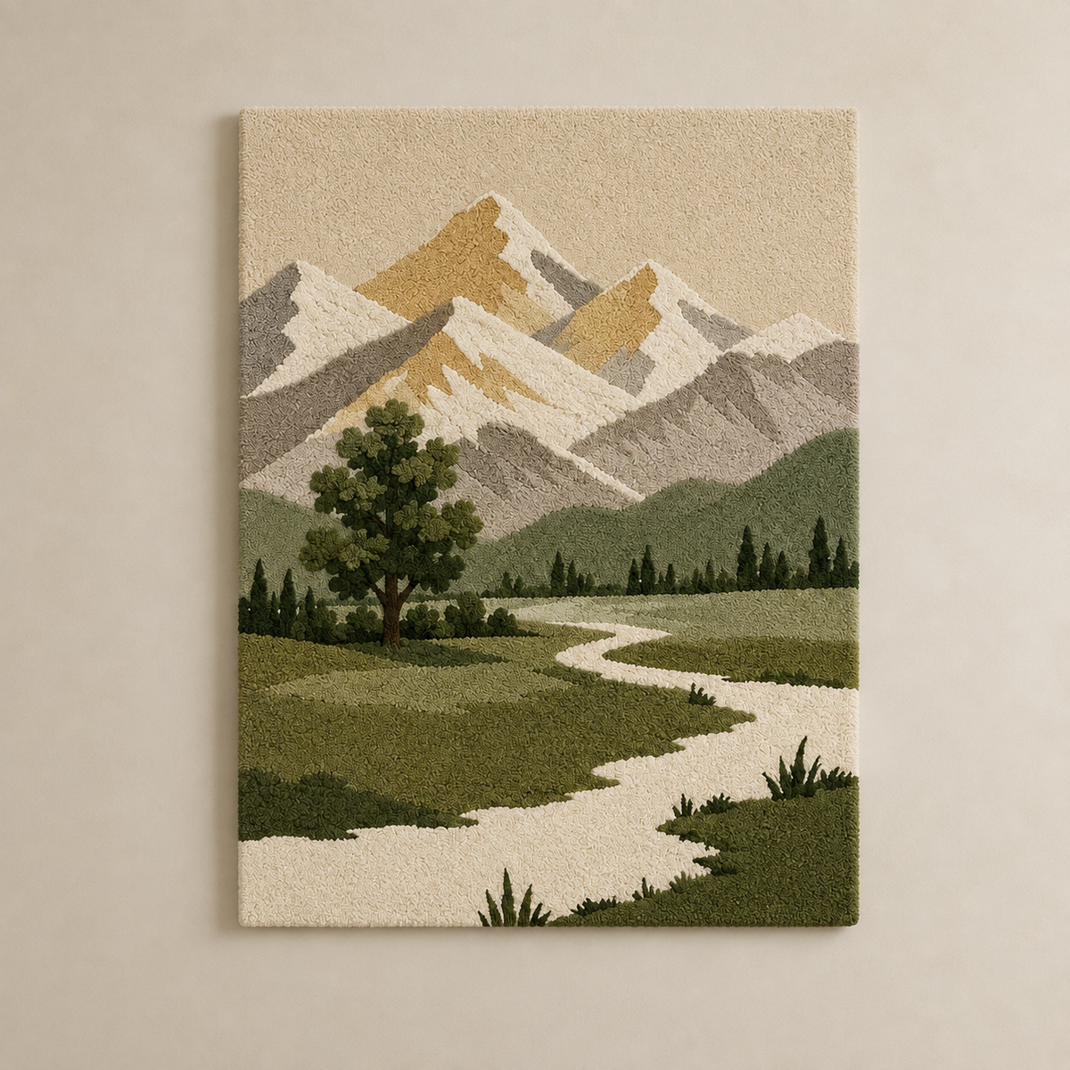 Hewn Earth Alpine Valley wall art featuring scenic mountain landscape in natural tones, suitable for home decor.
