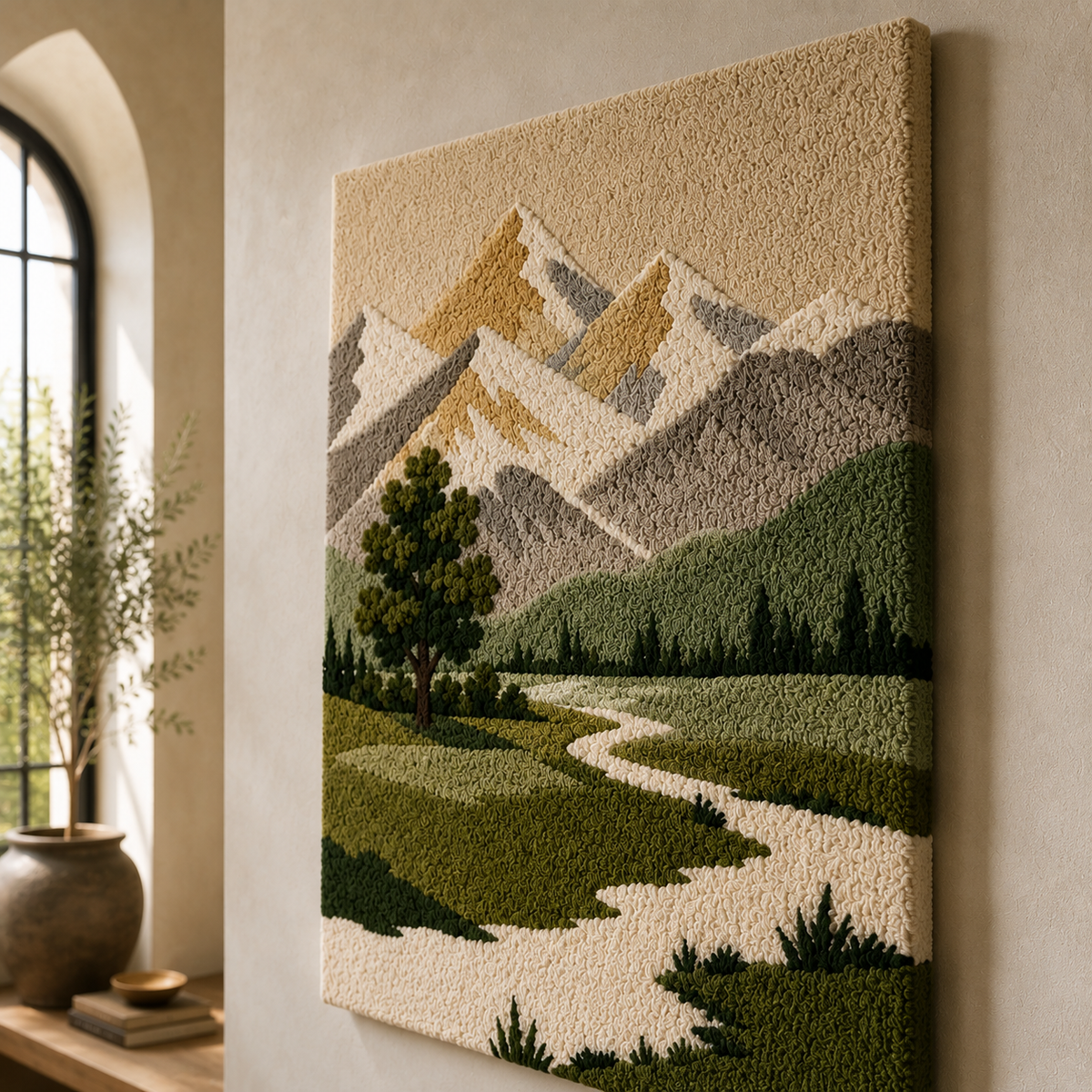 Hewn Earth Alpine Valley wall art featuring scenic mountain landscape in a natural earthy tone.