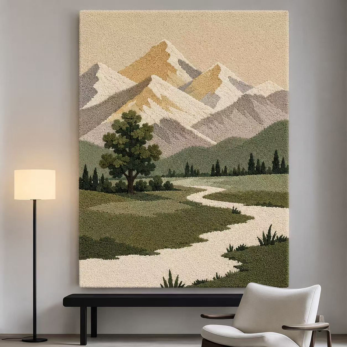 Alpine Valley wall art by Hewn Earth featuring a scenic mountain landscape in earthy tones, suitable for home decor.