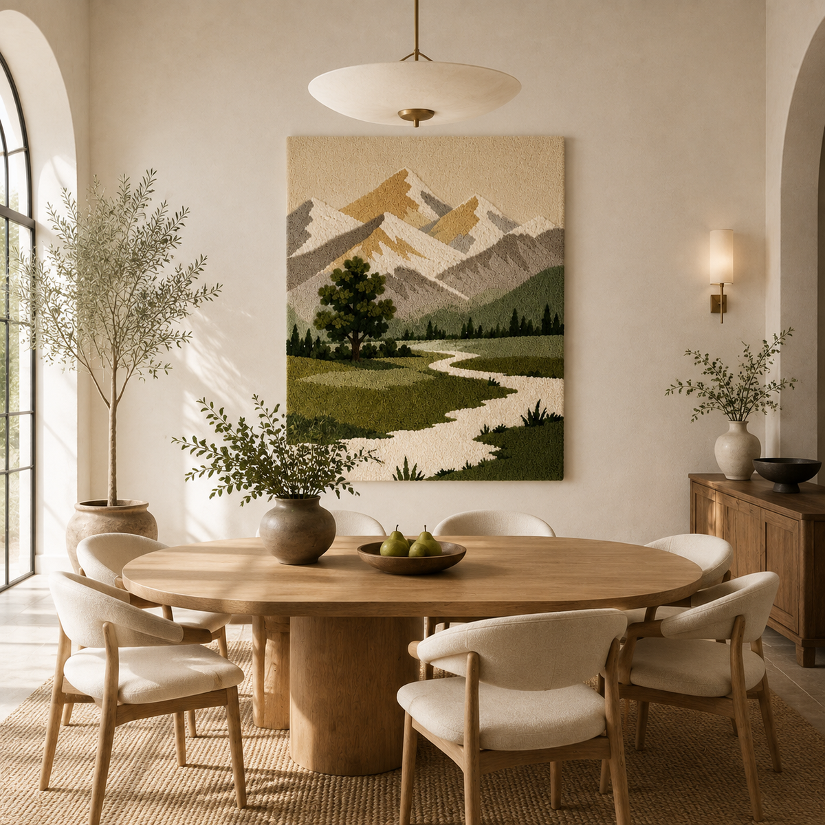 Hewn Earth Alpine Valley wall art print featuring mountain landscape with trees and sky, suitable for home decor.