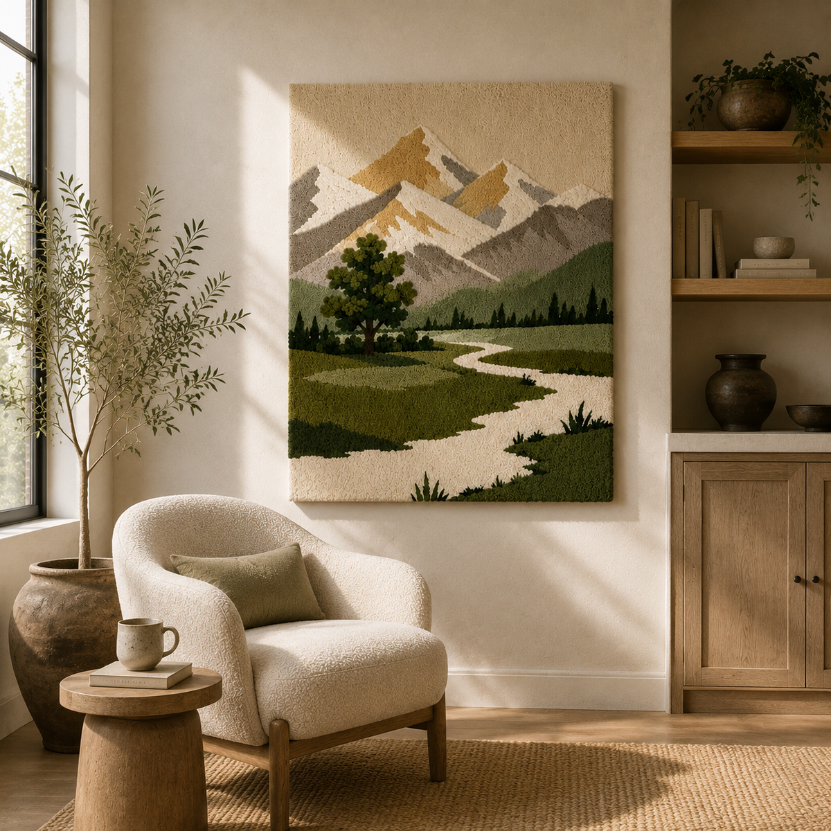 Hewn Earth Alpine Valley wall art featuring a scenic mountain landscape in earthy tones, ideal for home decor.