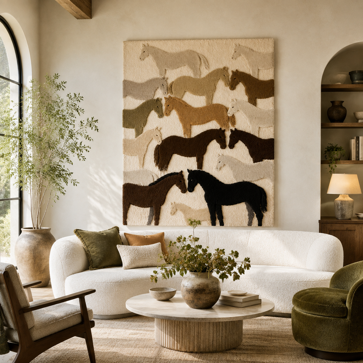 Hewn Earth Galloping Herd wall art featuring a dynamic herd of horses in earthy tones, ideal for rustic or nature-themed decor.