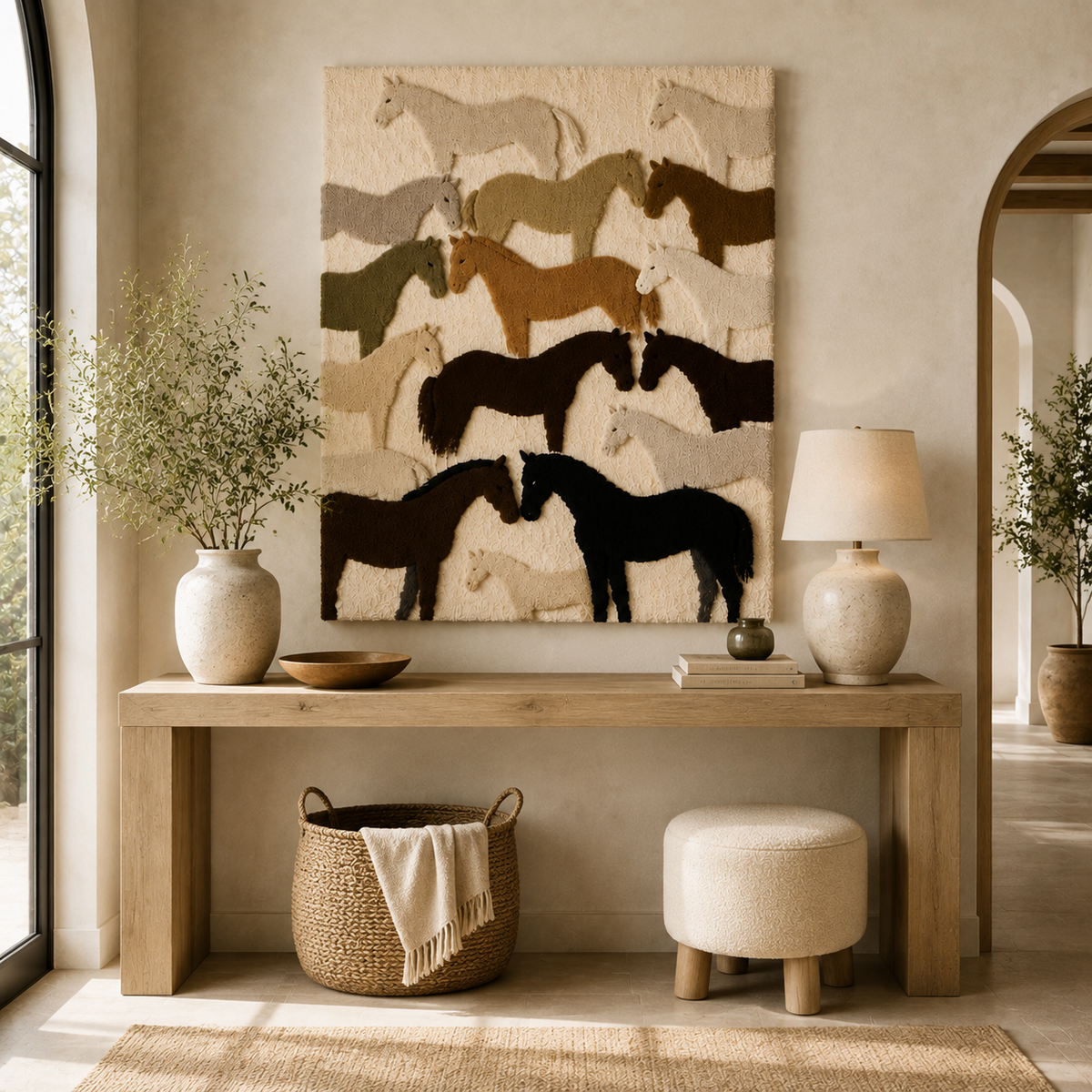 Colorful Galloping Herd wall art by Hewn Earth featuring vibrant animal silhouettes on a textured background.