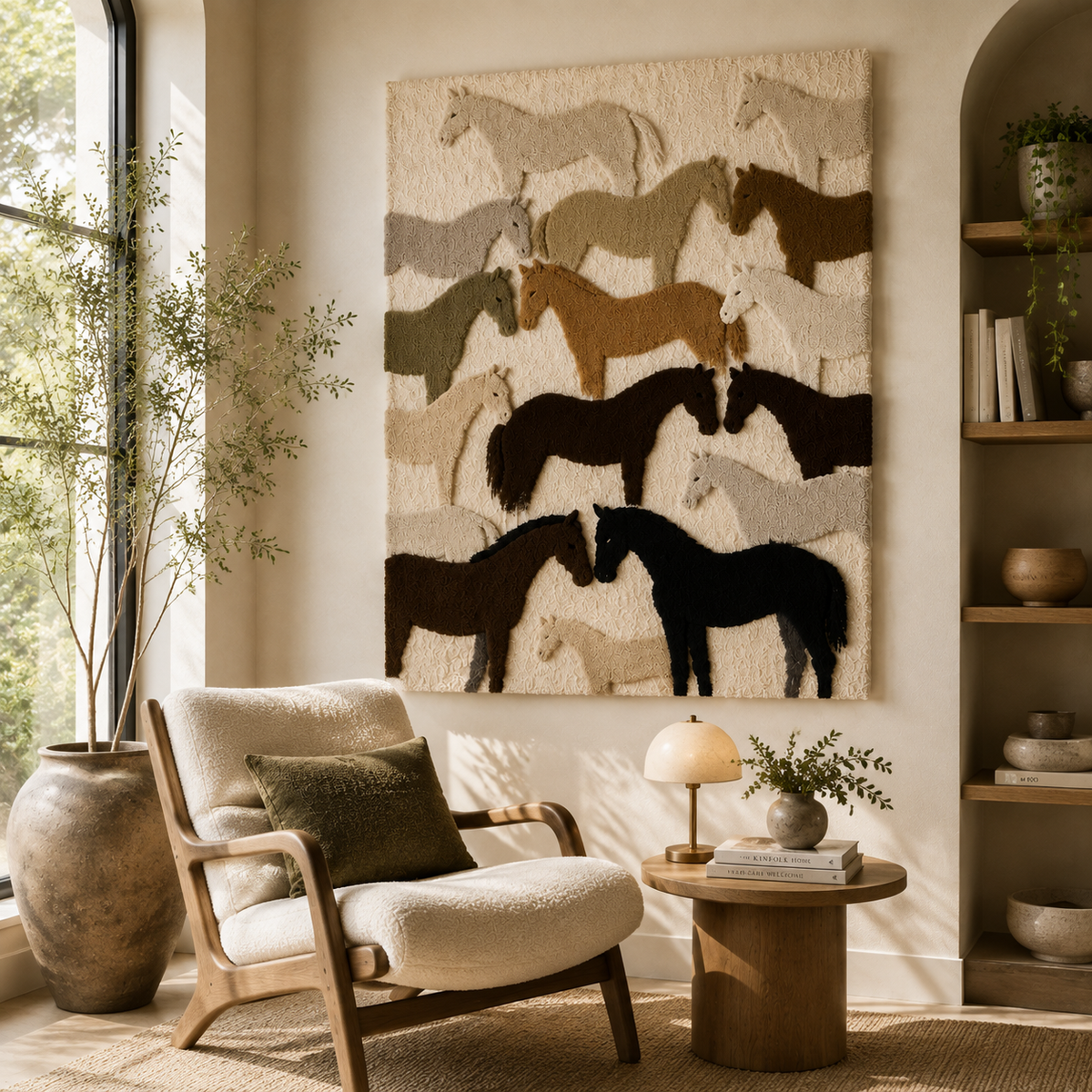 Hewn Earth Galloping Herd wall art featuring a dynamic herd of horses in black and white, mounted on a neutral background.