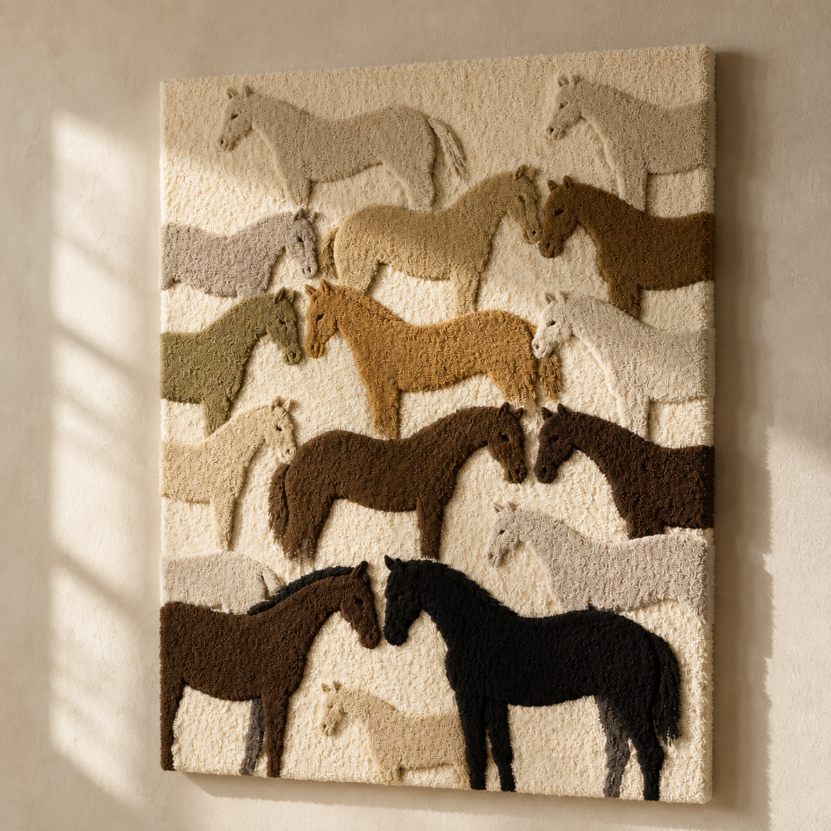 Hewn Earth Galloping Herd wall art featuring a dynamic herd of animals in neutral tones, suitable for modern home decor.