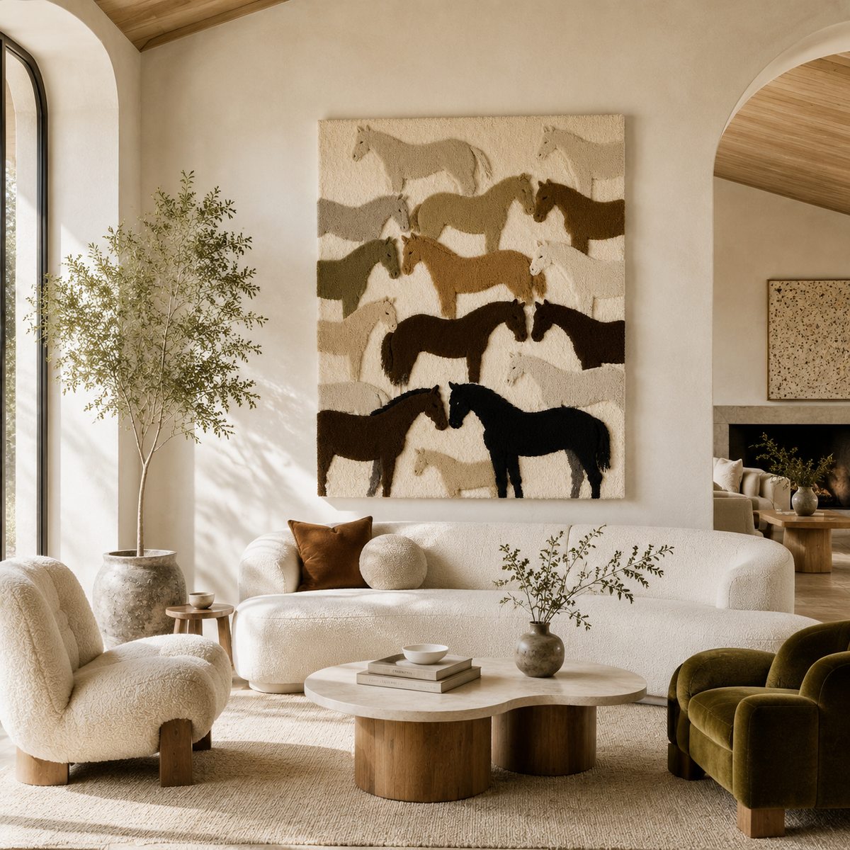 Hewn Earth Galloping Herd wall art featuring a dynamic herd of horses in earthy tones, ideal for rustic home decor.