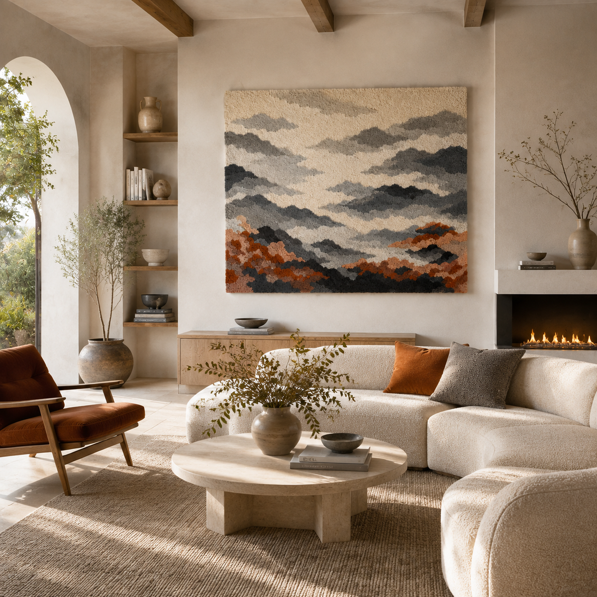 Hewn Earth Storm Mountains wall art, landscape painting with mountain peaks and stormy sky, decorative home wall decor