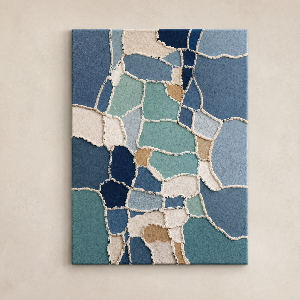 Blue mosaic wall art by Hewn Earth featuring intricate geometric patterns and vibrant shades of blue.