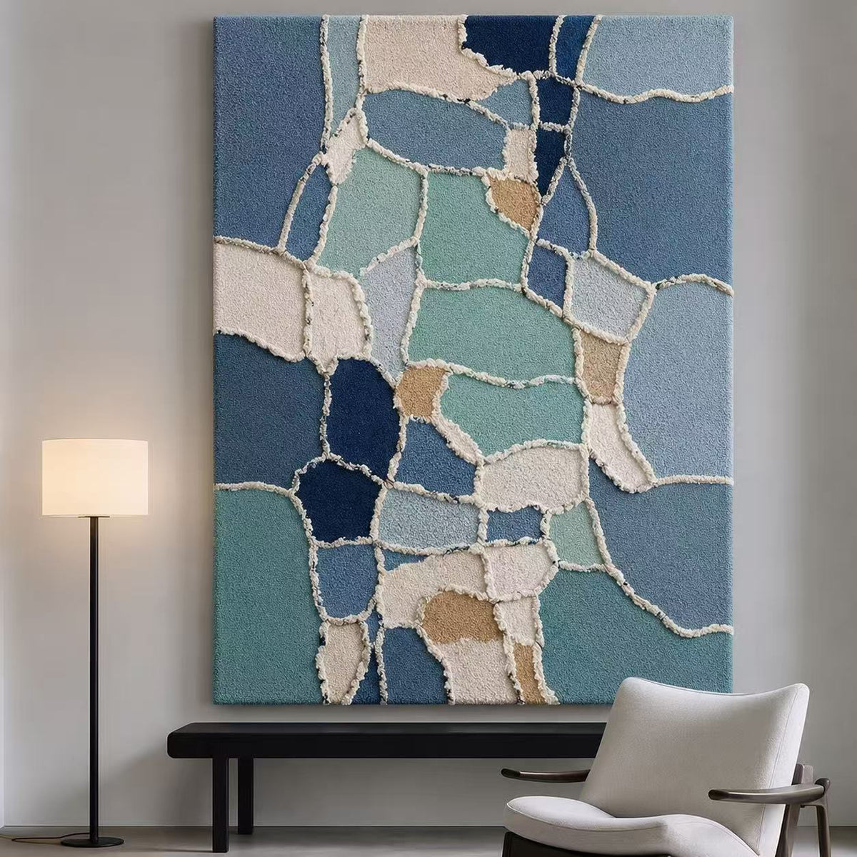 Blue Mosaic wall art by Hewn Earth featuring intricate tile patterns and vibrant blue tones for modern home decor.