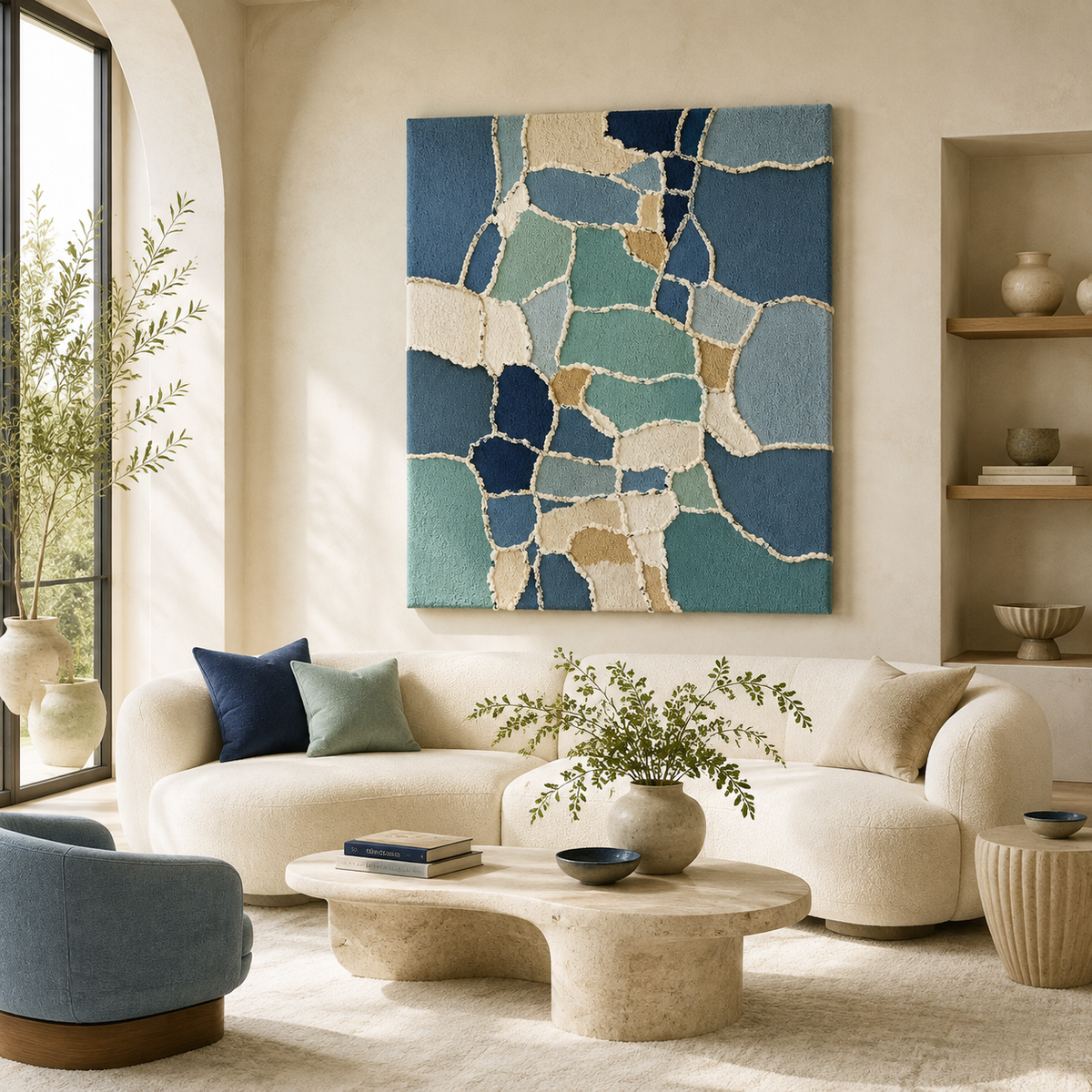Blue Mosaic wall art by Hewn Earth featuring intricate mosaic patterns on a canvas.