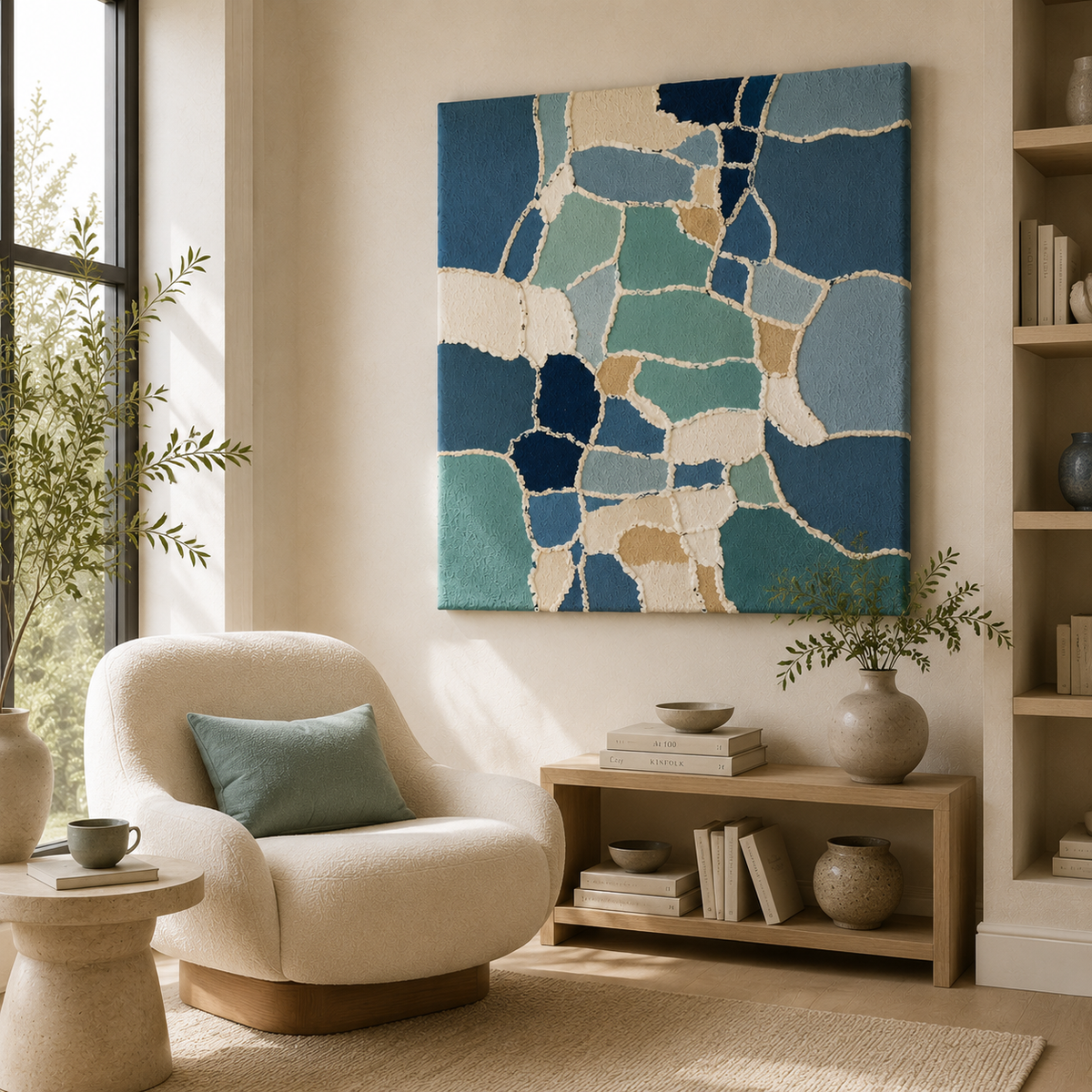 Blue Mosaic wall art by Hewn Earth featuring intricate blue tiles arranged in a modern mosaic design.