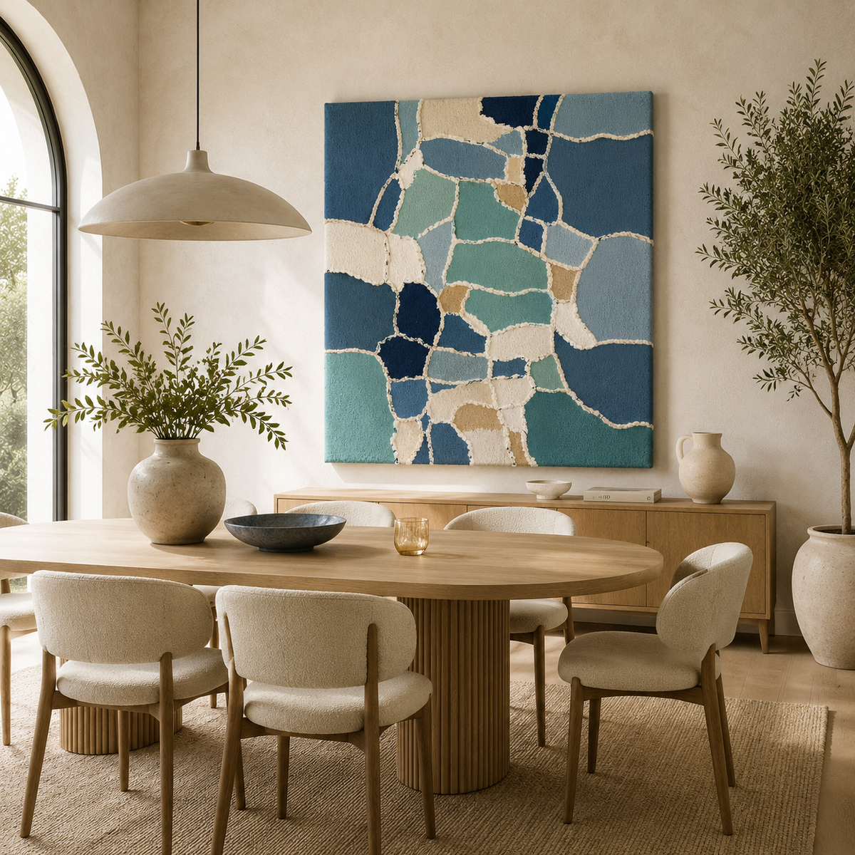 Blue mosaic wall art by Hewn Earth featuring intricate mosaic tiles, perfect for modern home decor.