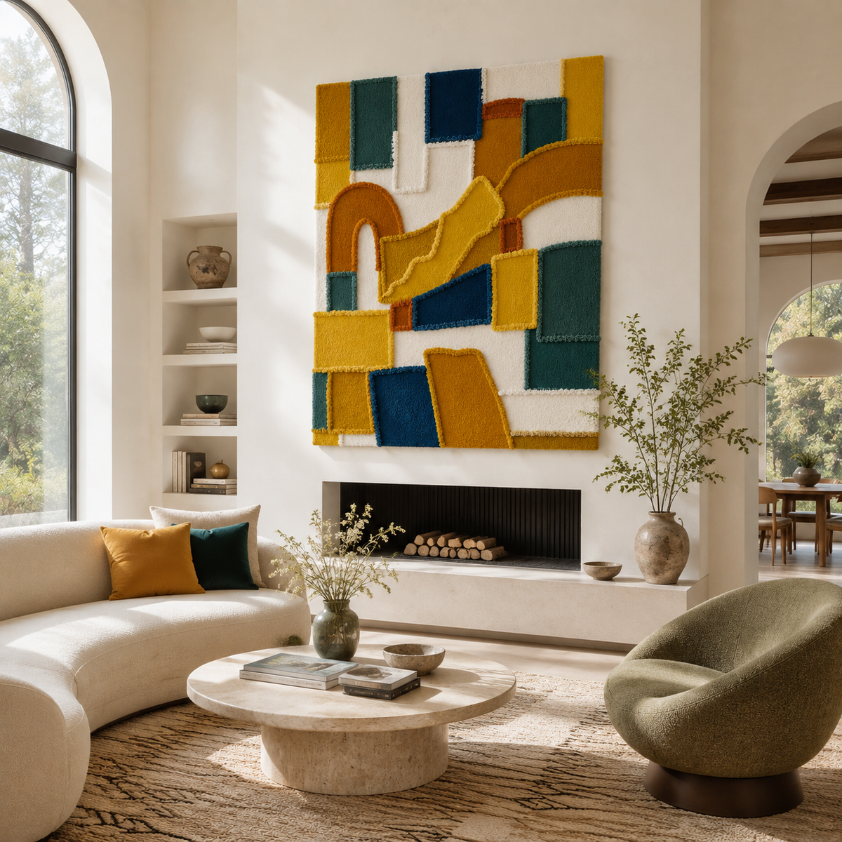 Hewn Earth Sunrise Arches wall art print featuring warm tones and abstract arch designs on textured paper.