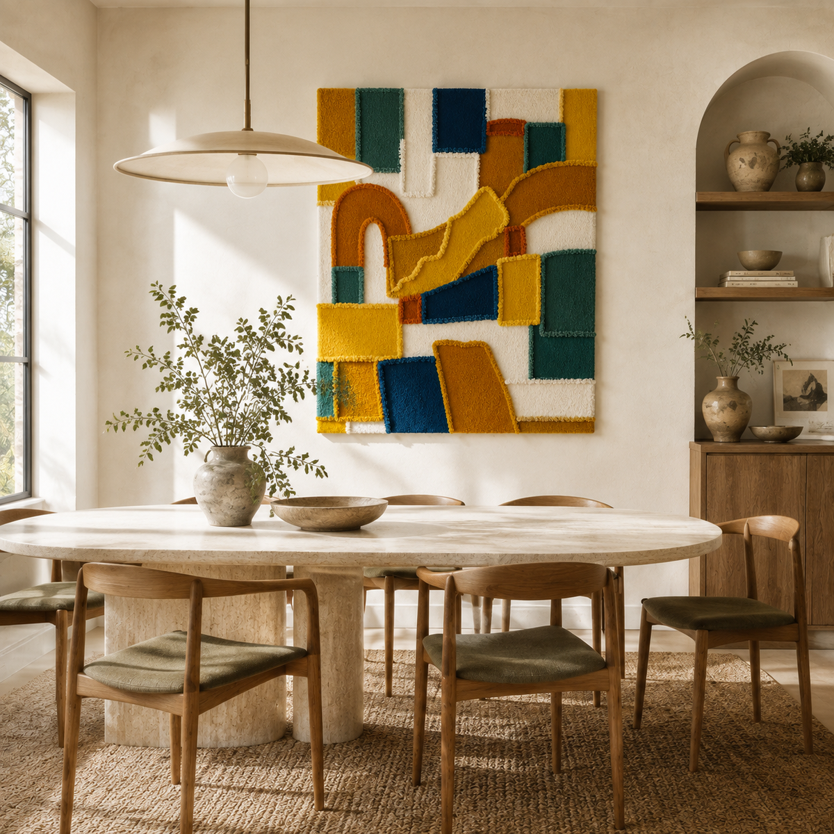 Hewn Earth Sunrise Arches wall art, abstract landscape painting in warm tones, featuring arch shapes and vibrant sunrise colors.