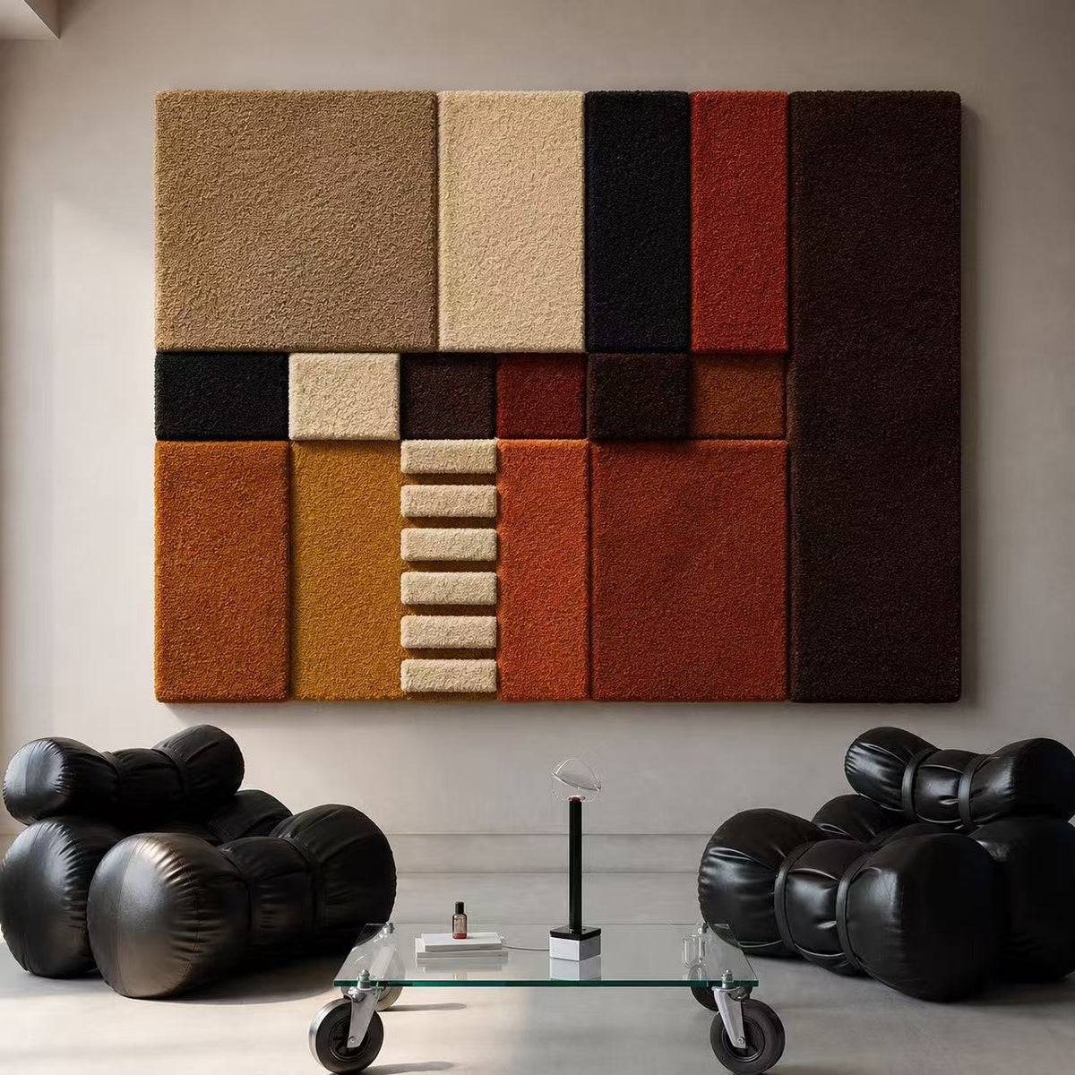 Hewn Earth Bauhaus Hearth HE-0292 wall art featuring abstract geometric design in earthy tones on a neutral background.