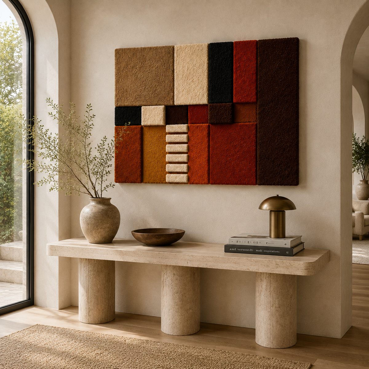 Hewn Earth Bauhaus Hearth wall art artwork featuring geometric abstract design in neutral tones for modern home decor.