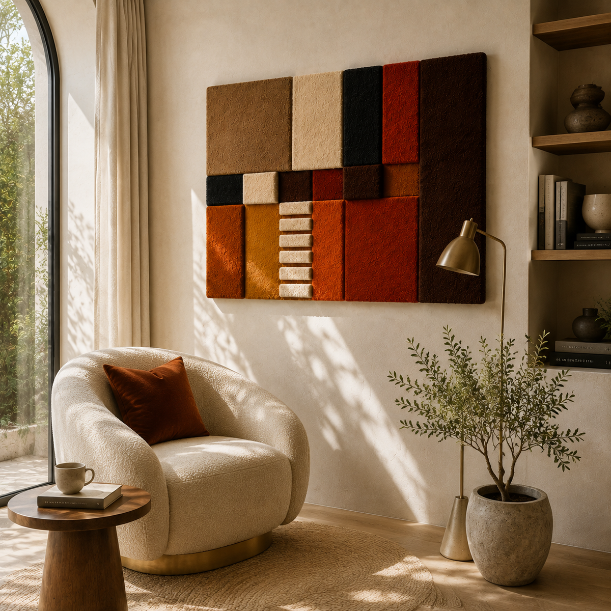 Hewn Earth Bauhaus Hearth wall art HE-0292 featuring geometric abstract design in neutral tones on a textured surface.