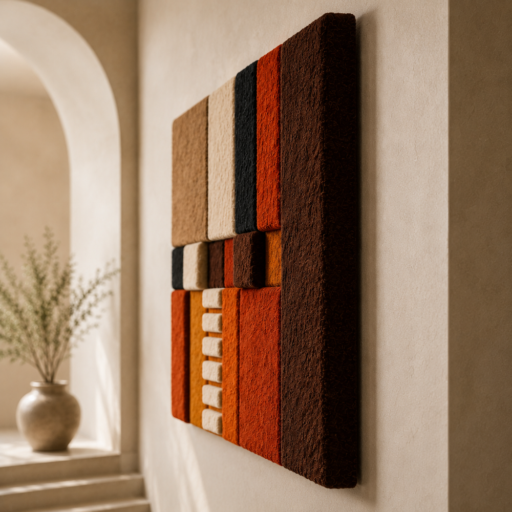 Hewn Earth Bauhaus Hearth wall art, abstract geometric design in neutral tones, modern decor for interior walls.