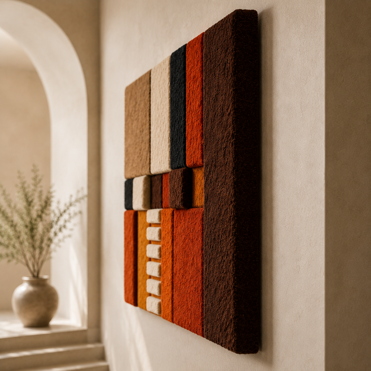 Hewn Earth Bauhaus Hearth wall art, abstract geometric design in neutral tones, modern decor for interior walls.