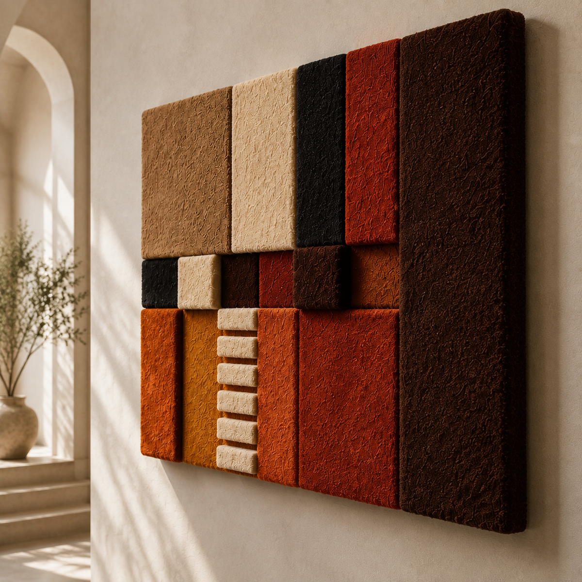 Hewn Earth Bauhaus Hearth HE-0292 wall art featuring geometric abstract design in neutral tones on a textured background.